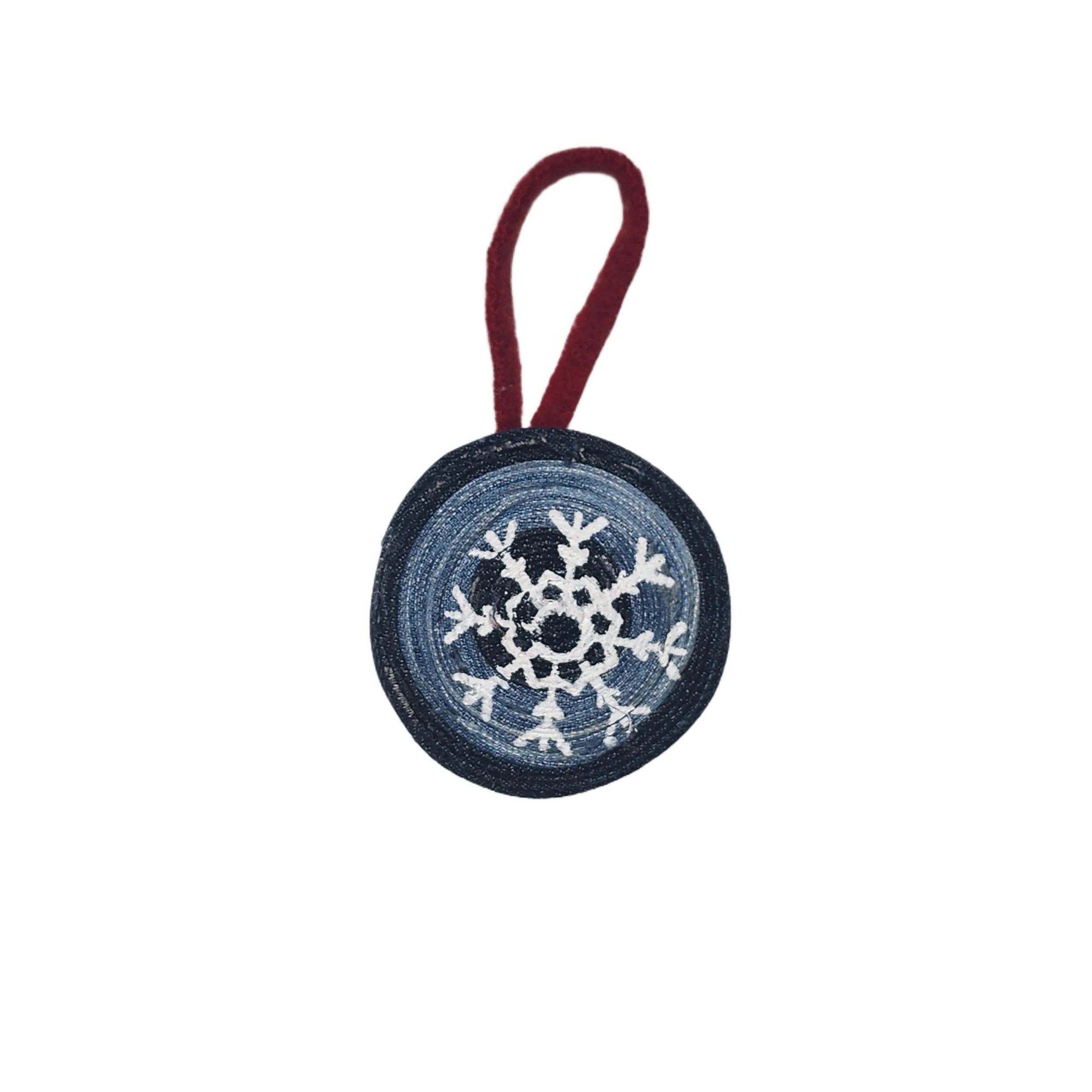 Upcycled Denim Christmas Ornament with Original Snowflake Graphic with a hand dyed reusable gift sack & tag. - Gladiator Art & Apparel