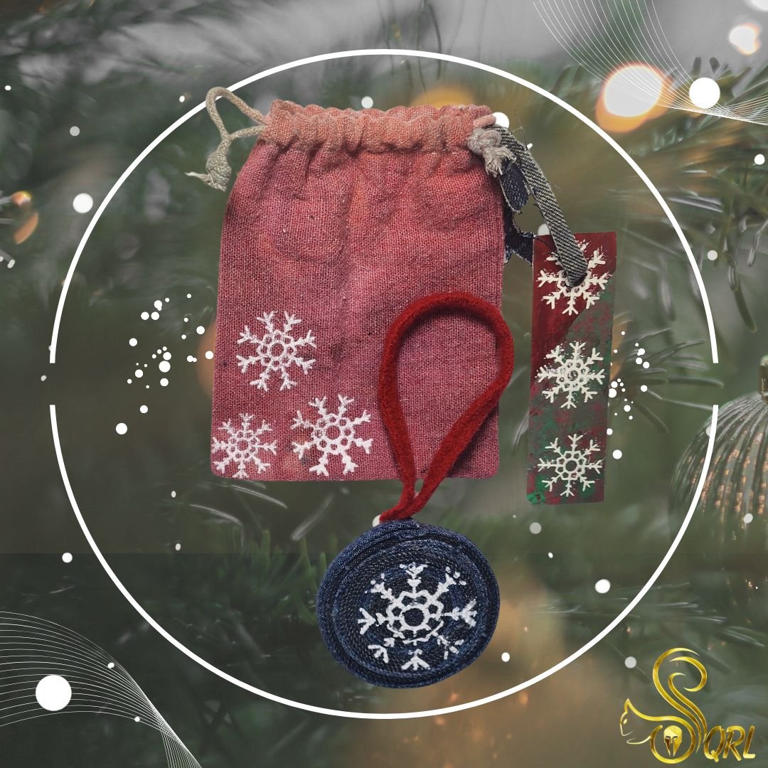 Upcycled Denim Christmas Ornament with Original Snowflake Graphic with a hand dyed reusable gift sack & tag. - Gladiator Art & Apparel