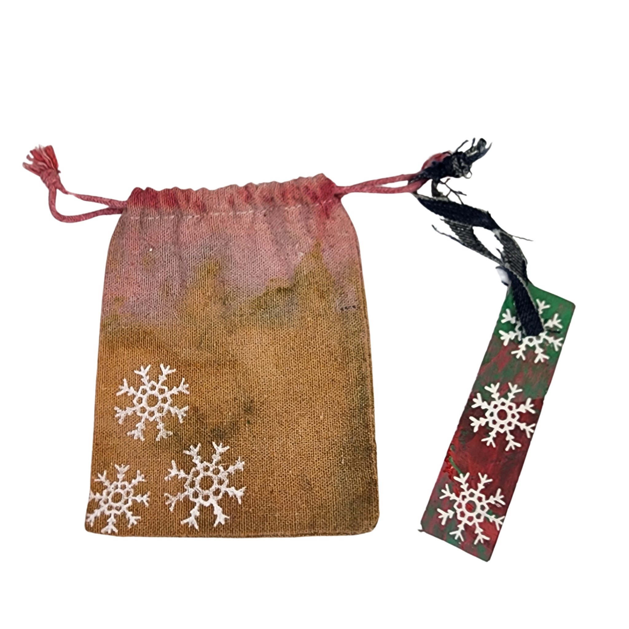 Upcycled Denim Christmas Ornament with Original Snowflake Graphic with a hand dyed reusable gift sack & tag. - Gladiator Art & Apparel