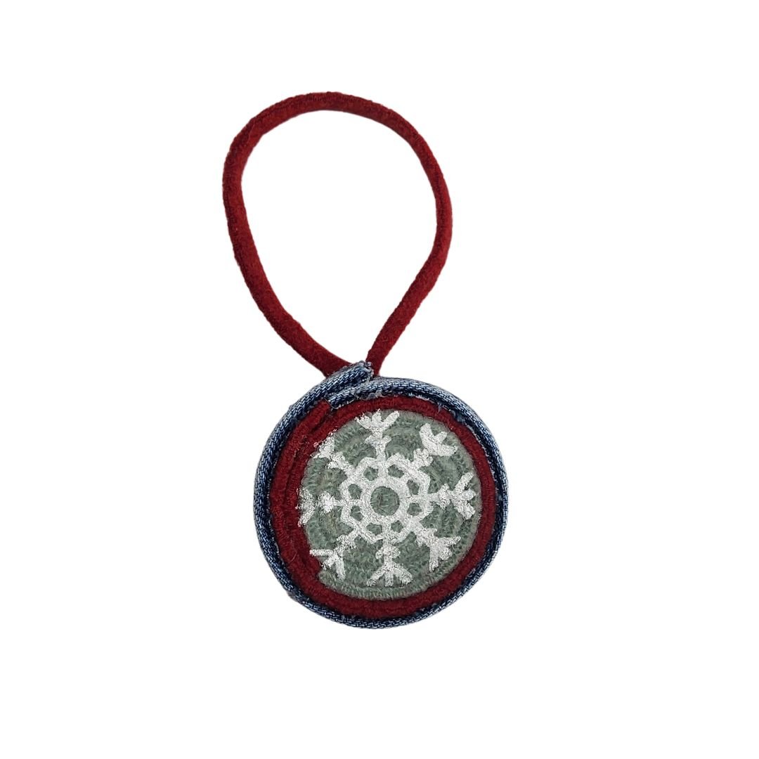 Upcycled Wool Christmas Ornament with Original Snowflake Graphic with a Red and Green Hand-Dyed Reusable Muslin Gift Sack & Tag. - Gladiator Art & Apparel