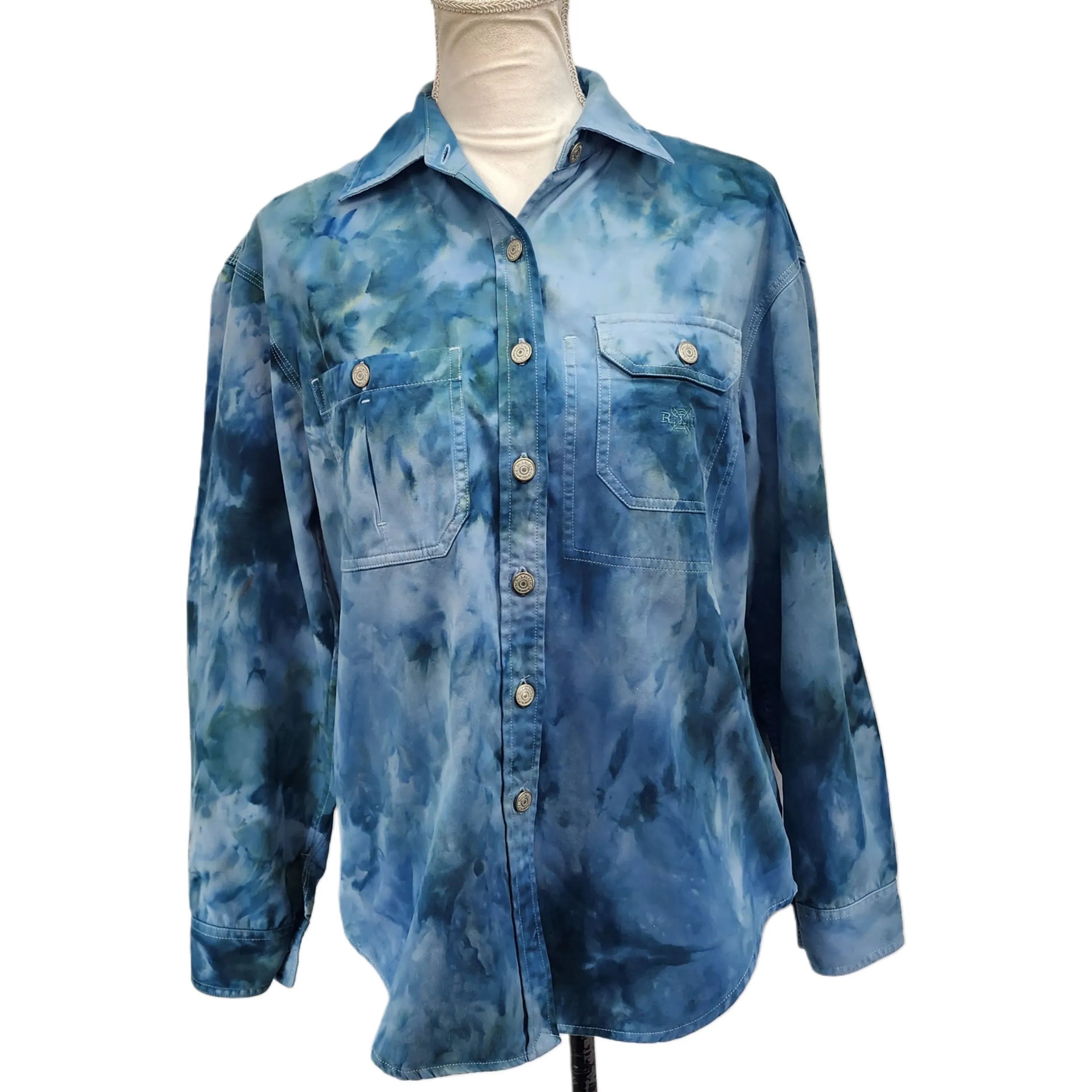 Lauren, Ralph Lauren. Upcycled, Blue Tie Dye Button-Up Shirt. Size: M - Gladiator Art & Apparel