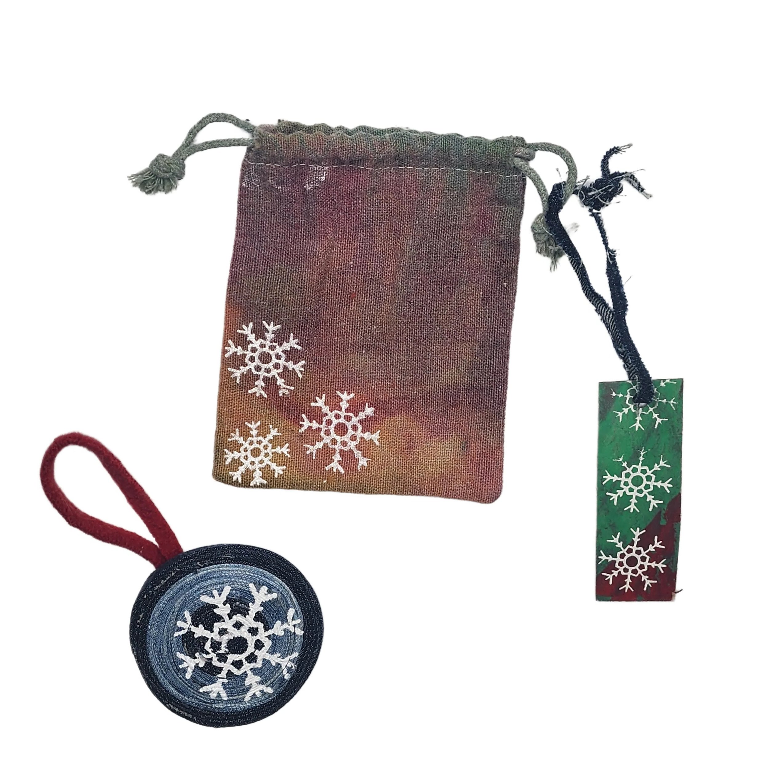 Upcycled Denim Christmas Ornament with Original Snowflake Graphic with a hand dyed reusable gift sack & tag. - Gladiator Art & Apparel