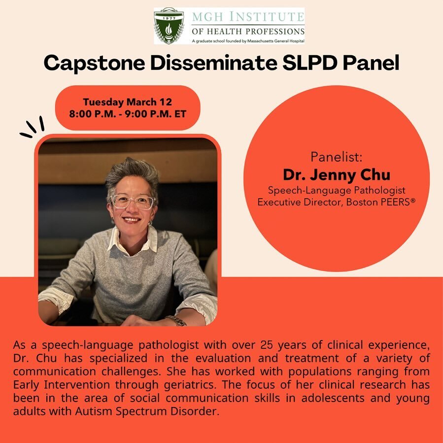 We are excited to announce that our Executive Director, Dr. Chu, will be participating in the Capstone Disseminate SLPD panel hosted by the Speech-Language Pathology Doctoral Program at MGH Institute of Health Professions (her alma mater!) on March 1