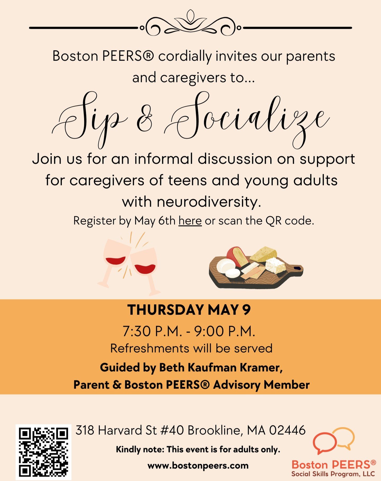 Another PEERS&reg; event is coming up soon! Join us on Thursday May 9th from 7:30PM-9:00PM for an informal discussion on support for caregivers and parents of teens and young adults with neurodiversity &ndash; guided by Boston PEERS&reg; Advisory Boa