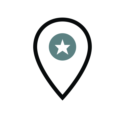 Map marker icon with a star in the center, representing a location with a star symbol.