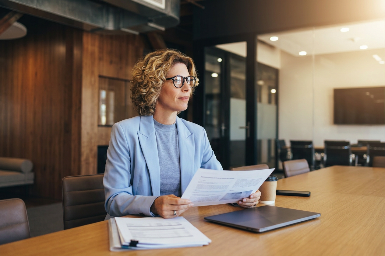 A woman with curly blonde hair and glasses is sitting at a conference table in a modern office, holding a document. She wears a light blue blazer and appears to be focused. The room has wood paneling, glass walls, and a large screen in the background.
