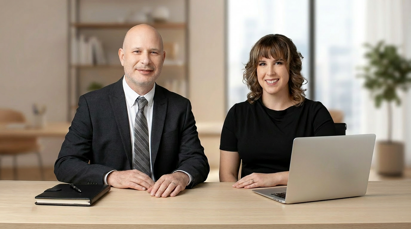 A man and woman sitting at a desk in an office, smiling at the camera, with a laptop and notebook in front of them.