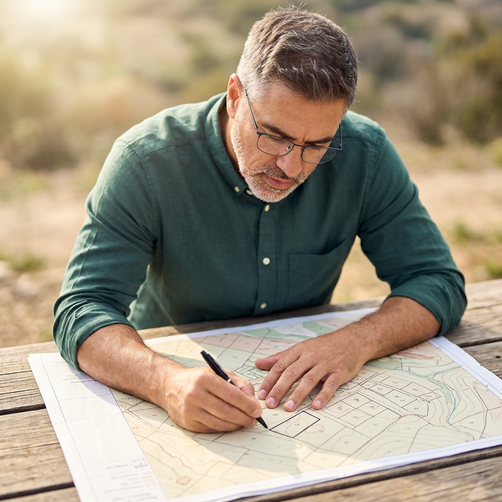 A man with glasses is outdoors, sitting at a wooden table, reviewing a detailed topographic map with a black pen in hand.