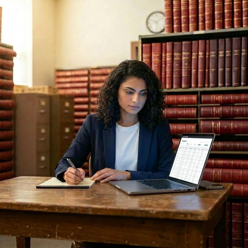 A woman sitting at a wooden desk in a library, working on a laptop with spreadsheets displayed, taking notes with a pen on a notepad.
