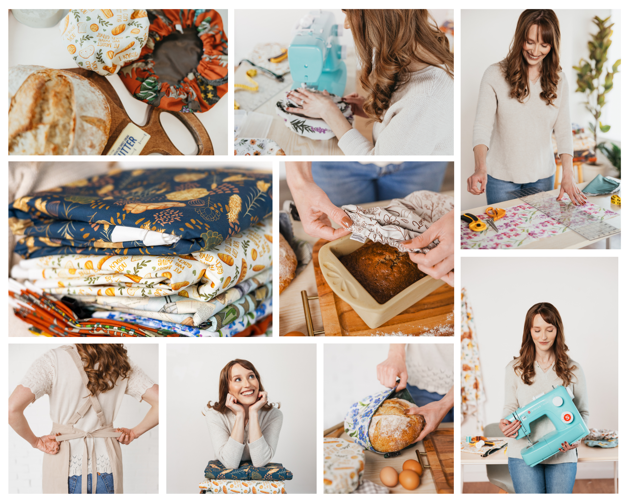 Brand photography for Hunner Made featuring handmade fabric bowl covers, sourdough accessories, sewing craftsmanship, product details, and portraits of the small business owner behind the brand.