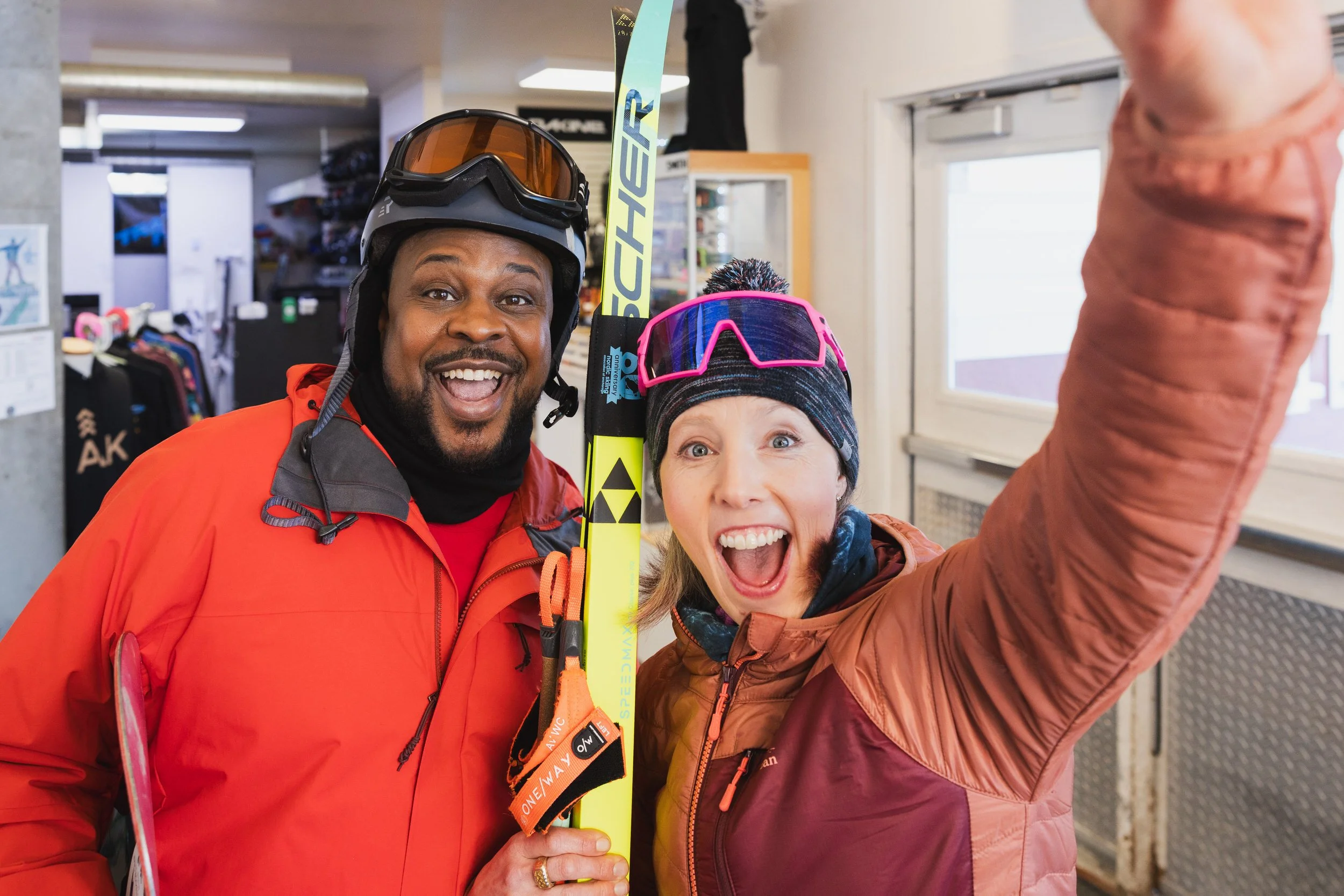 Olympic gold medalist Kikkan Randall and a GCI employee take a selfie during GCI's Super Bowl commercial photography campaign in Anchorage, Alaska.