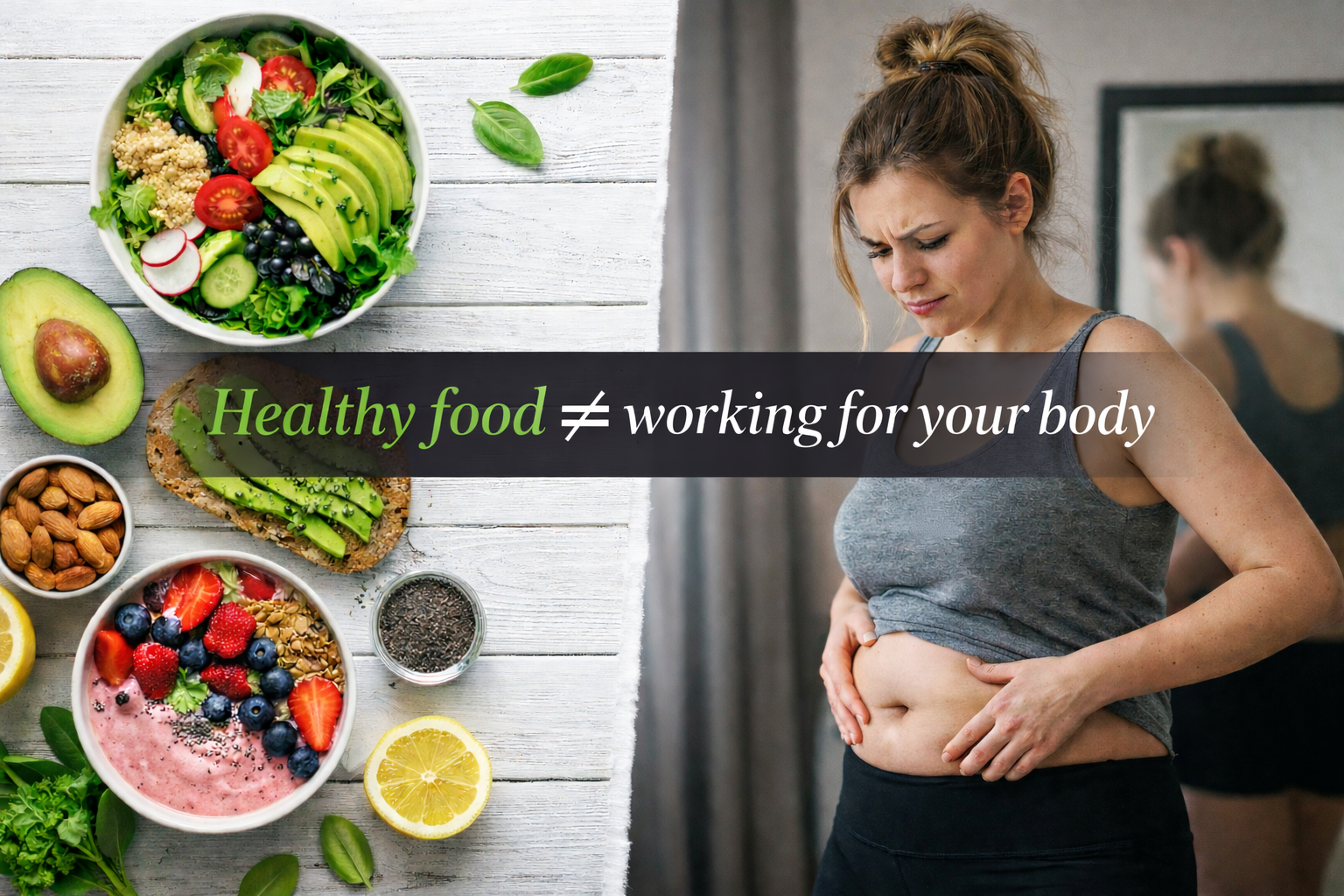 A woman looking at her stomach in a mirror with a flat abdomen. On the left, there are healthy foods including a salad, avocado, almond, smoothie bowl with berries, lemon, and various fresh vegetables, accompanied by text that reads 'Healthy food ≠ working for your body'.