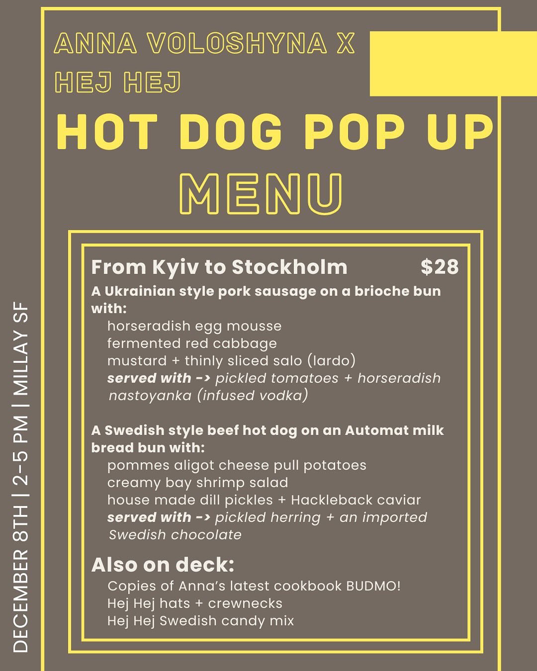 Serving up Swedish Ukrainian hot dog plates on Sunday until sell out! Plus @annavoloshynacooks is whipping out the horseradish vodka, what what 🤩

Link in bio to reserve a free time slot 🌭✨🇸🇪🇺🇦! 

#sfpopup #sffoodie #bayareaeats #weekend #sunda