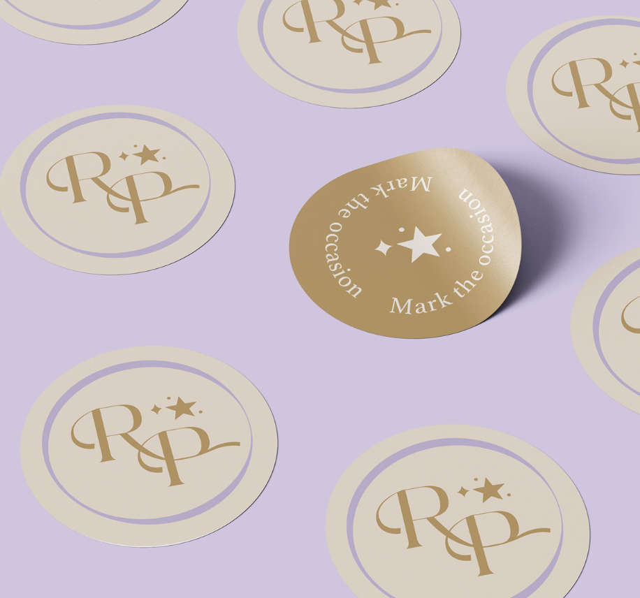 Circular logo stickers with "RP" initials and stars on a light purple background.