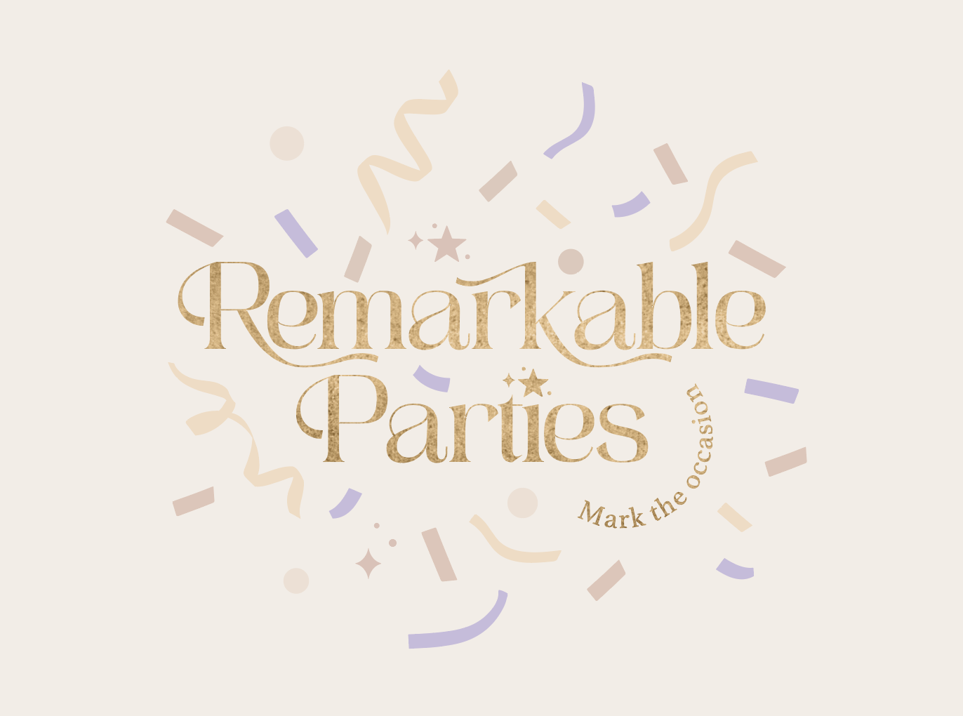 "Remarkable Parties" text with festive confetti and streamers on a light background, featuring the phrase "Mark the occasion."