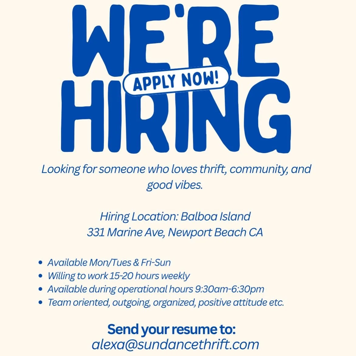 HIRING &mdash; Balboa Island 🏝️ 

Love thrifting, sunshine, and community?
We're looking for a new team member!
Must be available Monday, Tuesday (close) &amp; Friday through Sunday (all day) 

Join our island thrift fam 🫶🏼
Apply via email (resume