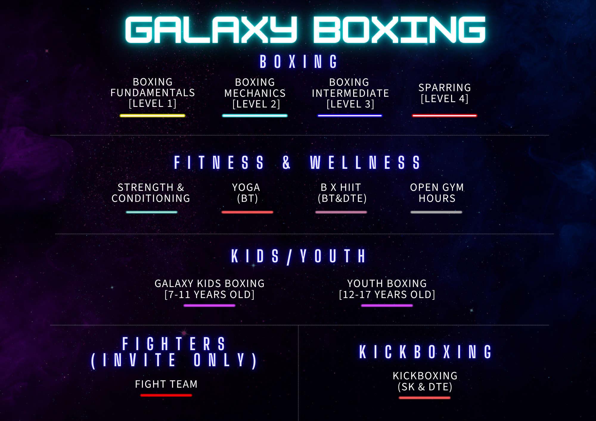A poster for Galaxy Boxing with a space-themed background and neon-style text. It features different fitness classes including boxing fundamentals, mechanics, intermediate, sparring, and youth boxing. It also lists fighters' invite-only and kickboxing classes.