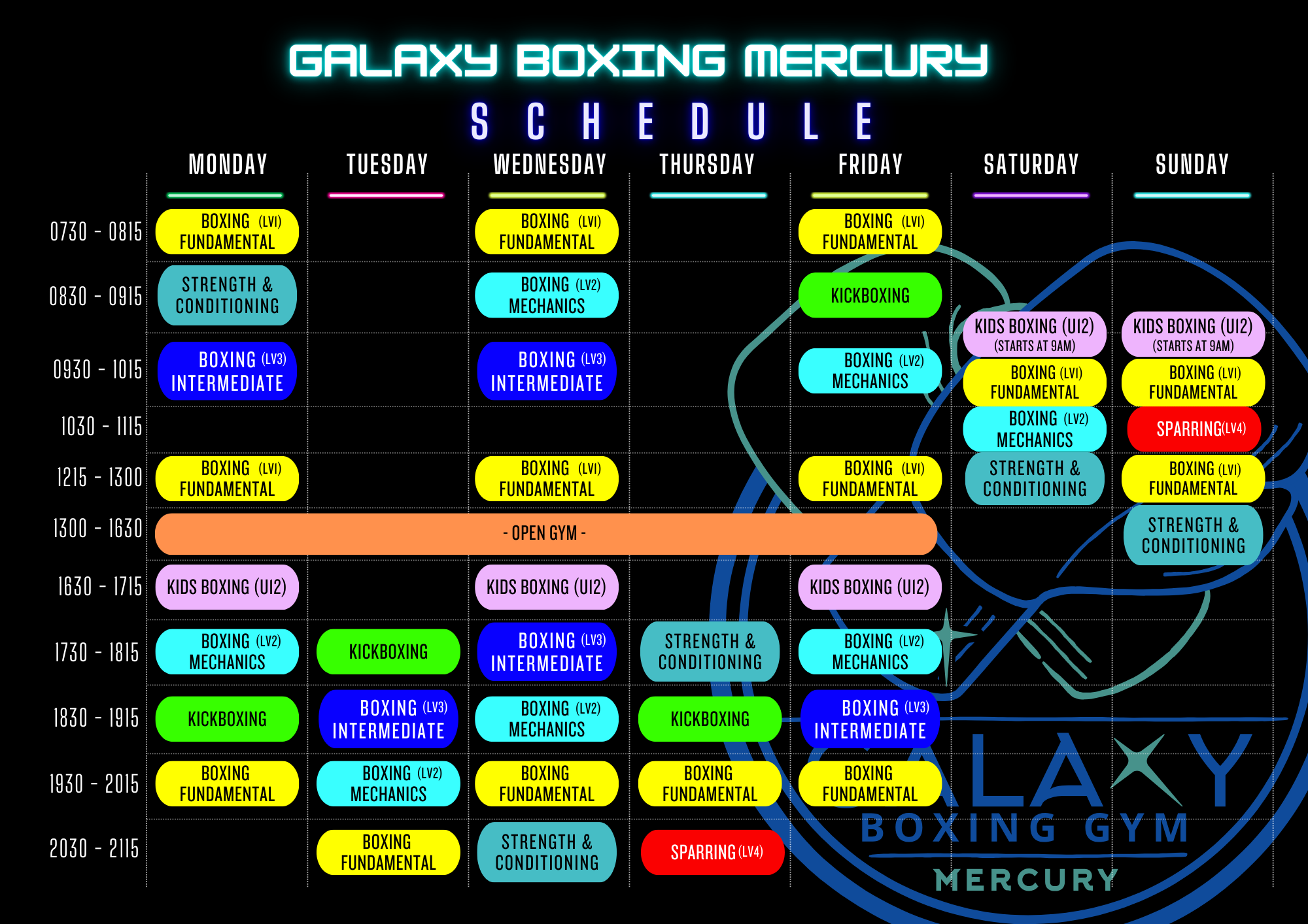 A weekly schedule for Galaxy Boxing Mercury gym with classes in boxing, kickboxing, strength, conditioning, kids boxing, and sparring, color-coded for each day.