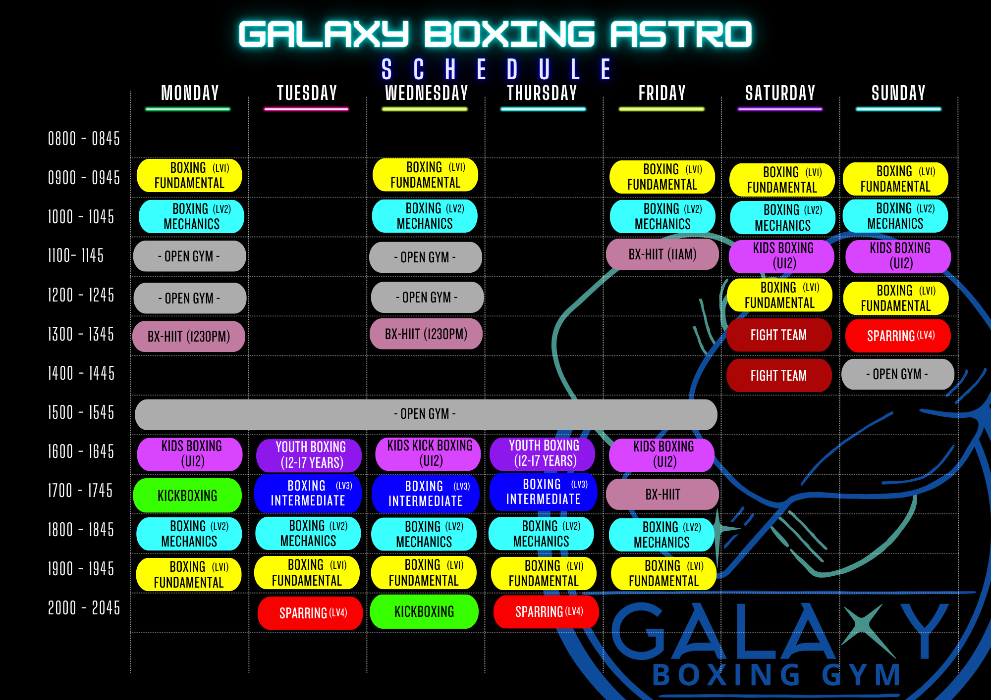 A colorful boxing gym schedule poster for Galaxy Boxing Astro, detailing classes from Monday to Sunday with different colored blocks for each class type and time slot, on a black background with neon-style text.