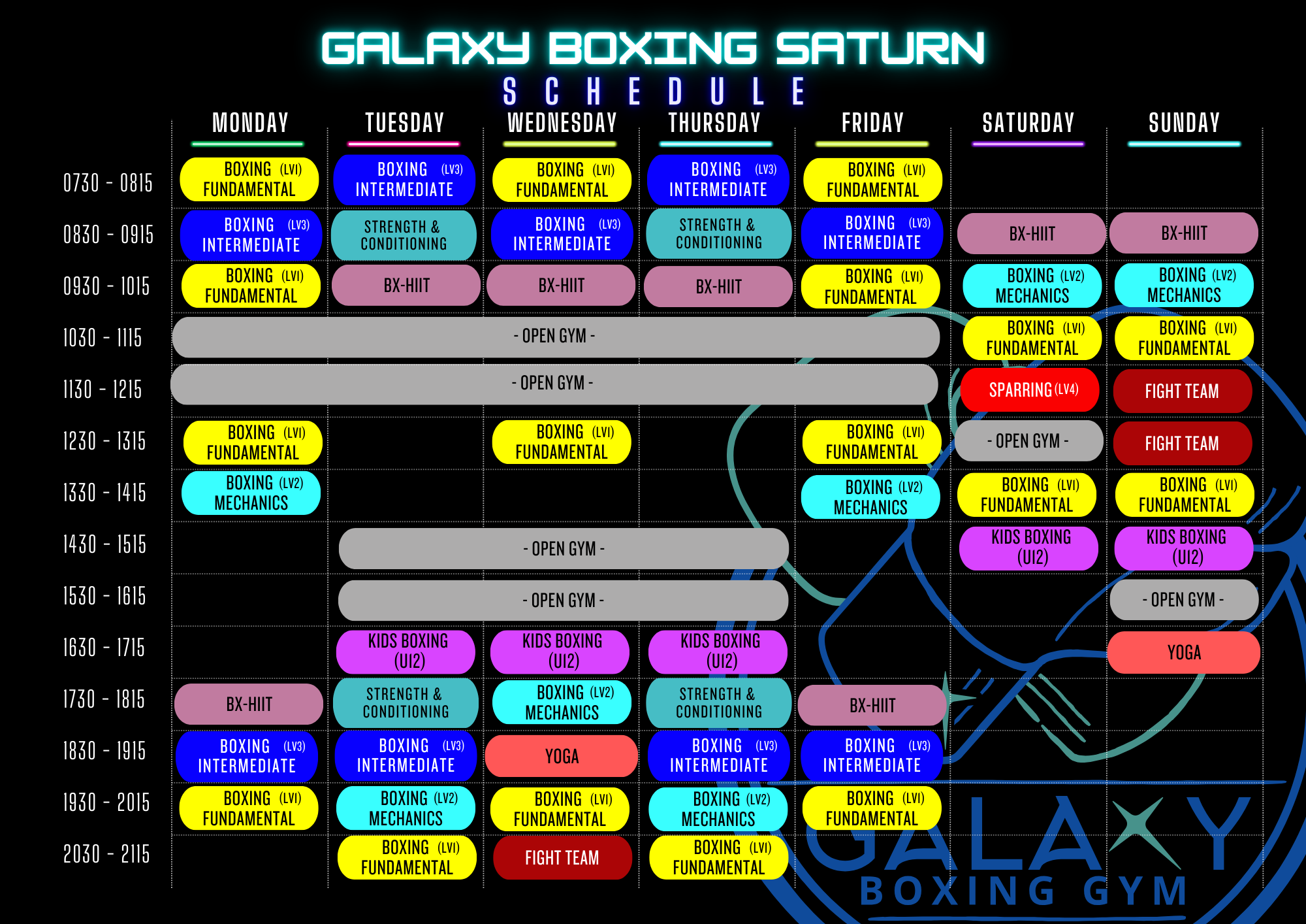 Galaxy Boxing Saturn weekly schedule with classes and timings for boxing, strength training, kids boxing, yoga, sparring, and open gym from Monday to Sunday.