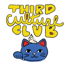 Logo of Third Culture Club featuring a smiling blue cat with a small black and white cat on top of its head, against a black background.