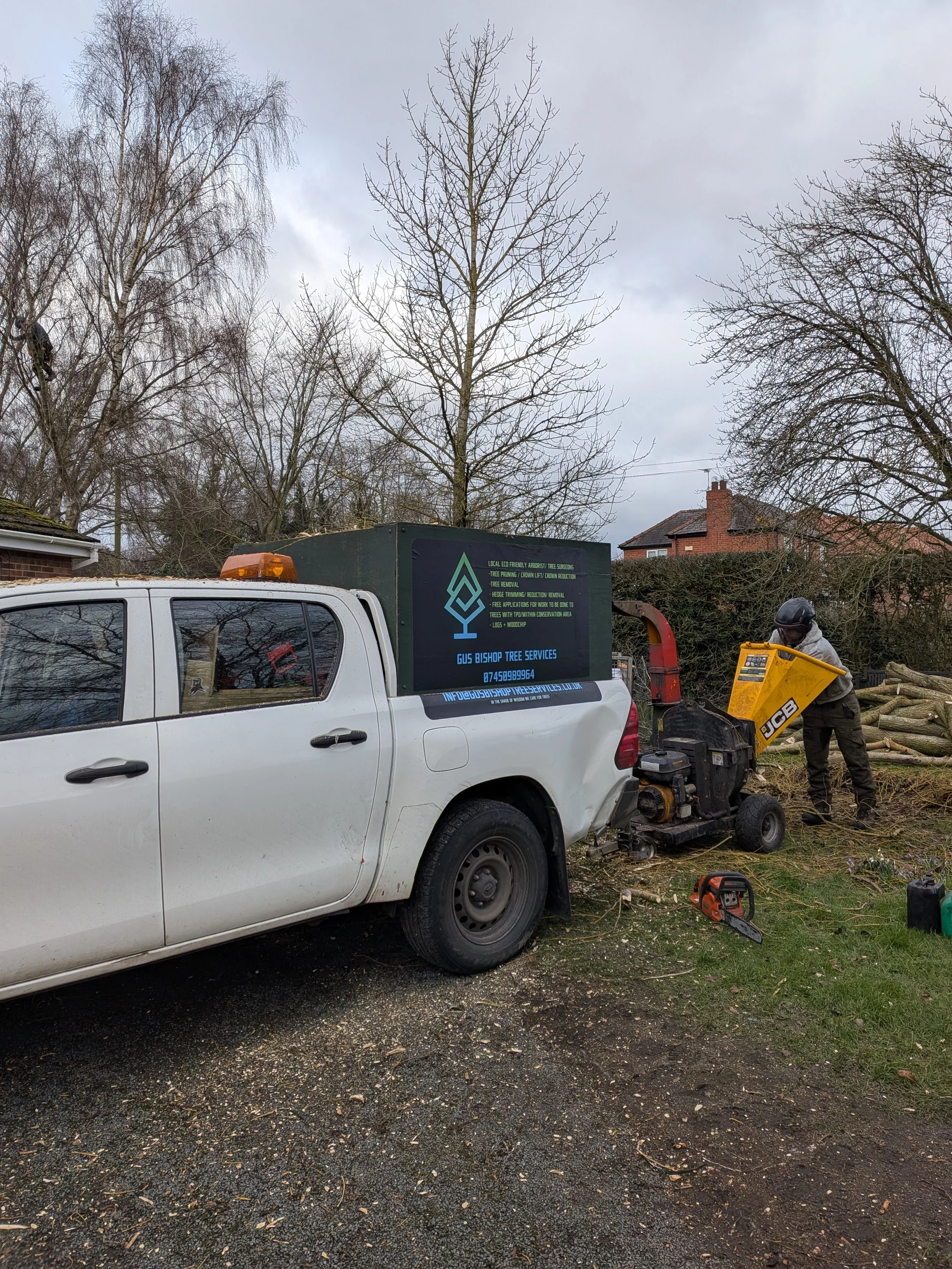 A white pickup truck with a tree service sign on the side is being used for tree work. There is a worker wearing a helmet and gloves operating equipment next to a pile of cut logs, with leafless trees and a house in the background.