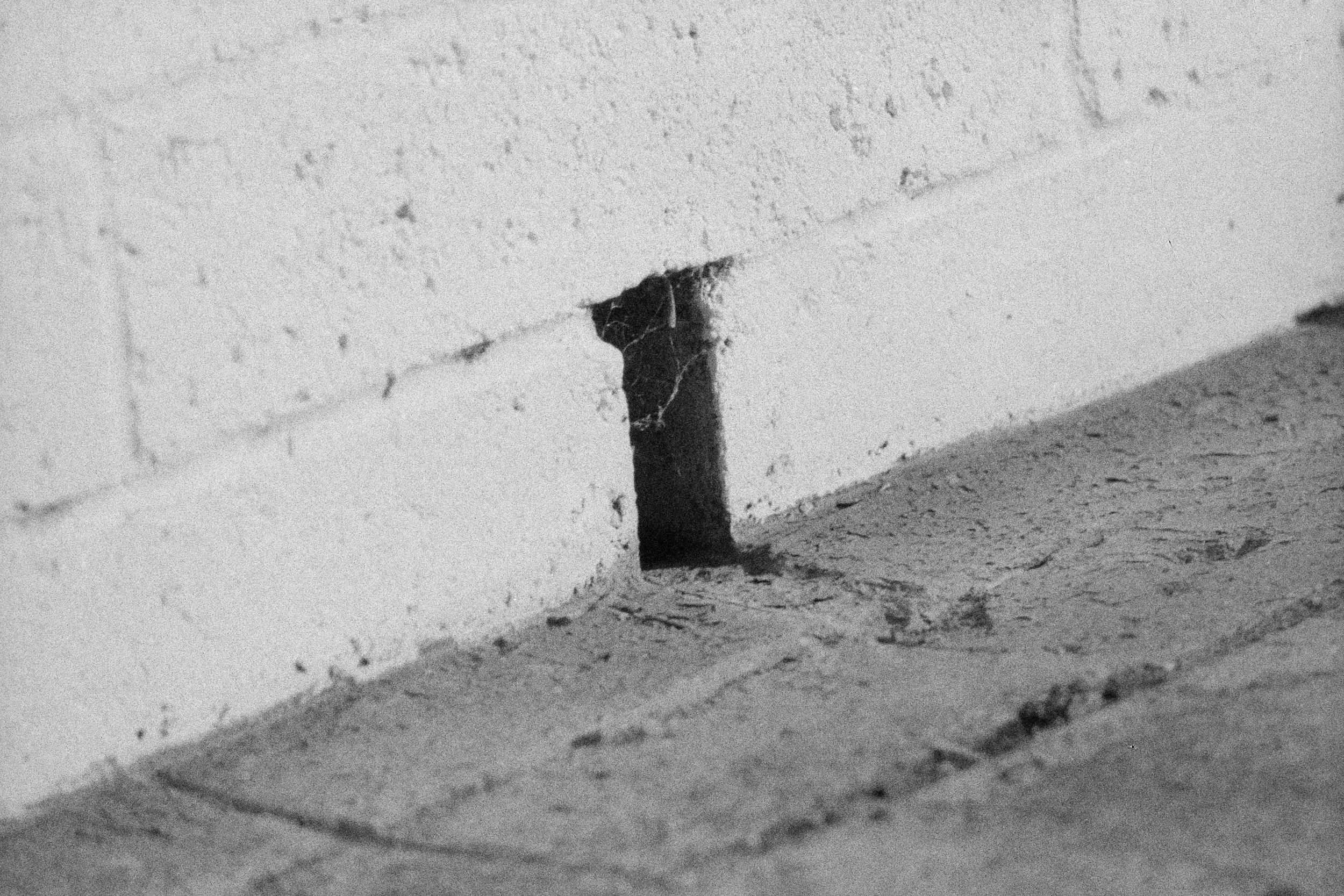 A hazy eco processed black & white 35mm film image shows the bottom of a brick wall and the ground, a darker brick. There is a small gap between two of the bricks at the bottom of the wall