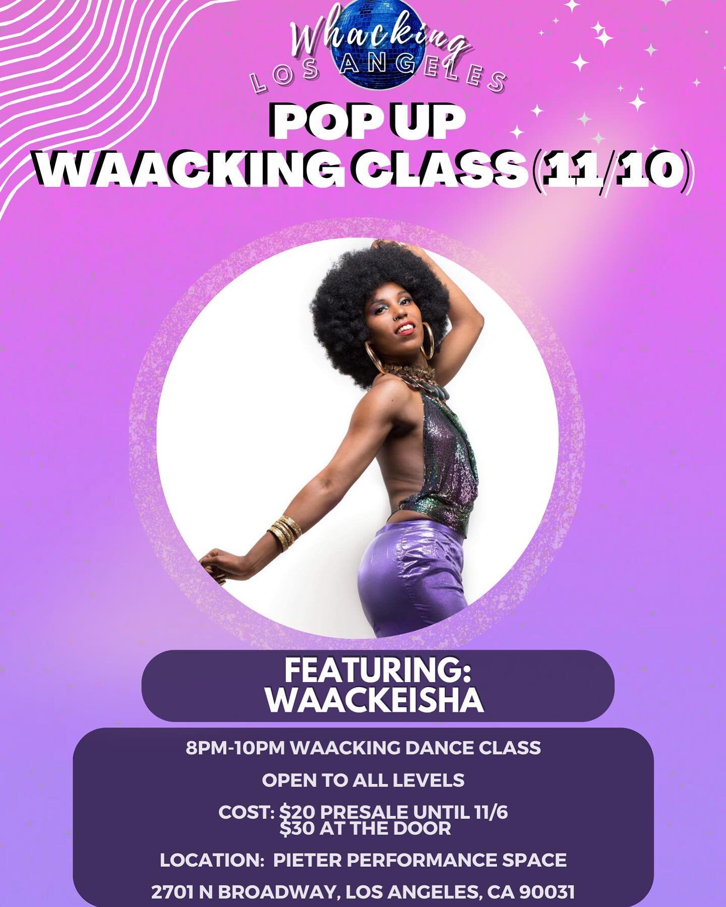 Save the date! We have a special pop up happening right before @fssworldwide &lsquo;s battle featuring class from the one and only Waackeisha @leahmaatmcfly 🪩✨ Come out and take class! Reserve your spot now with the special presale cost!

$20 Presal
