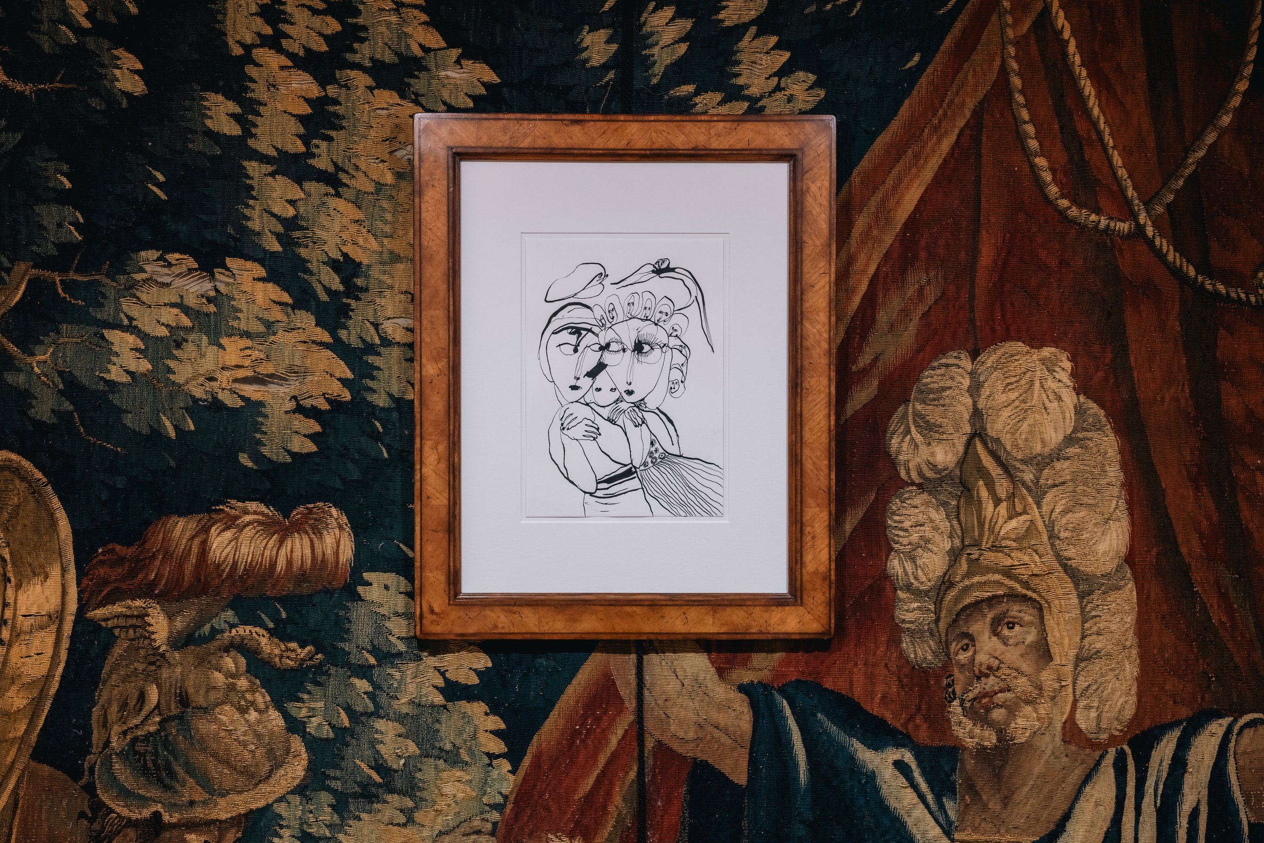 'Whispering Kisses', 2026, ink on paper, 55.5 x 44.5 cm (framed)