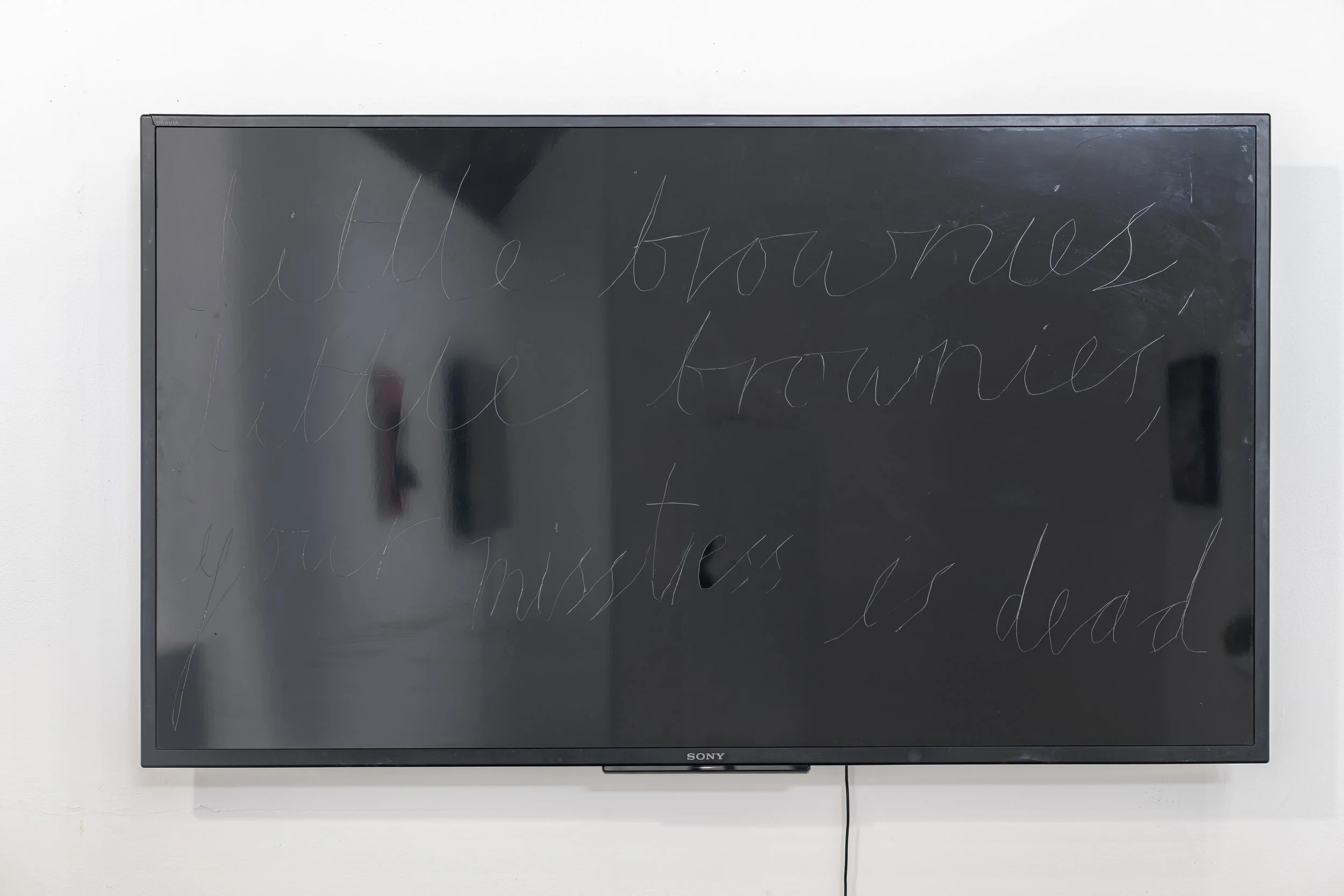 'little brownies, little brownies, your mistress is dead', 2026, broken liquid crystal display, 53.6 x 95.3 x 15 cm