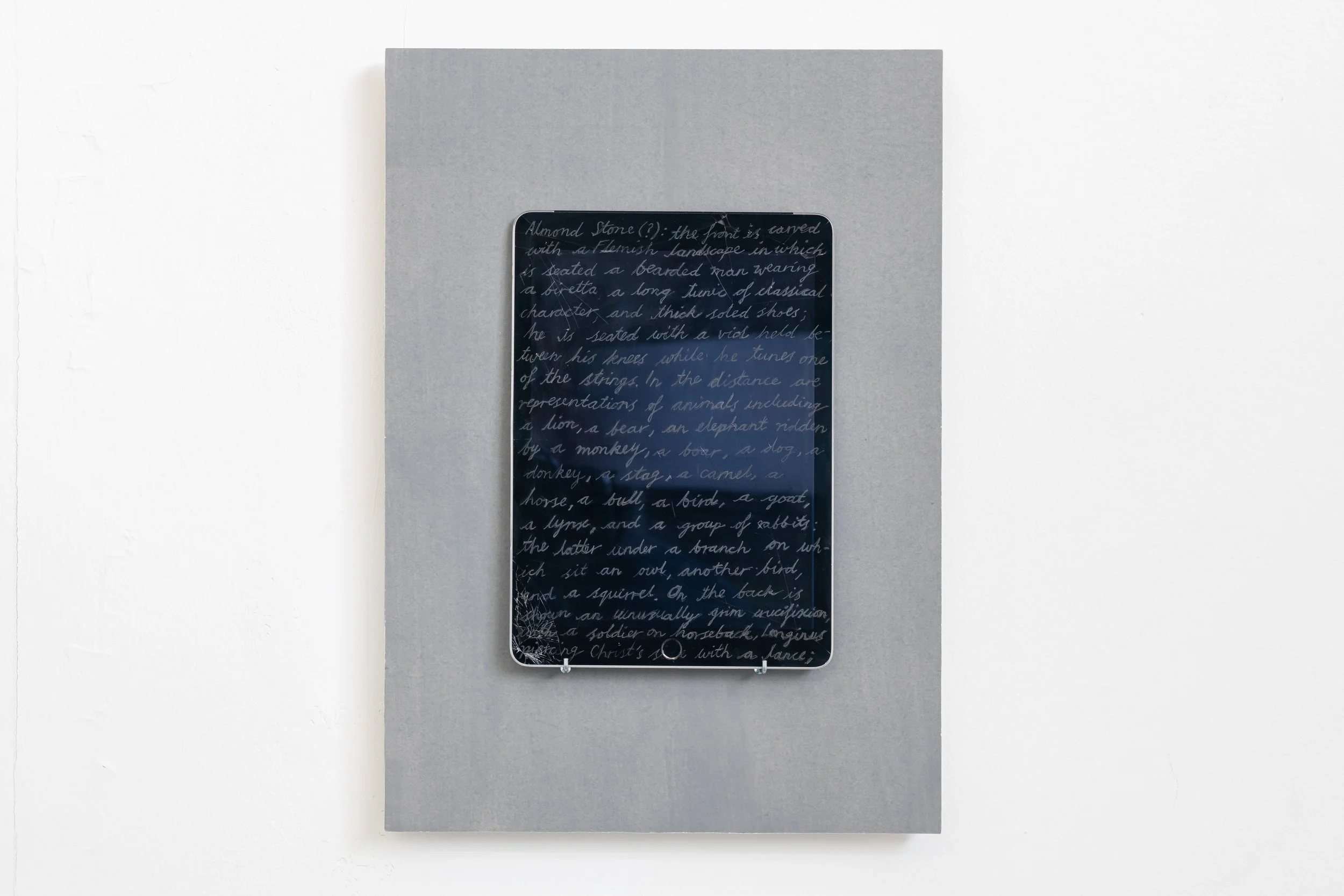 'Almond Stone (?)', 2026, broken iPad, hand-dyed paper mounted on board, 42 x 29.5 x 3 cm