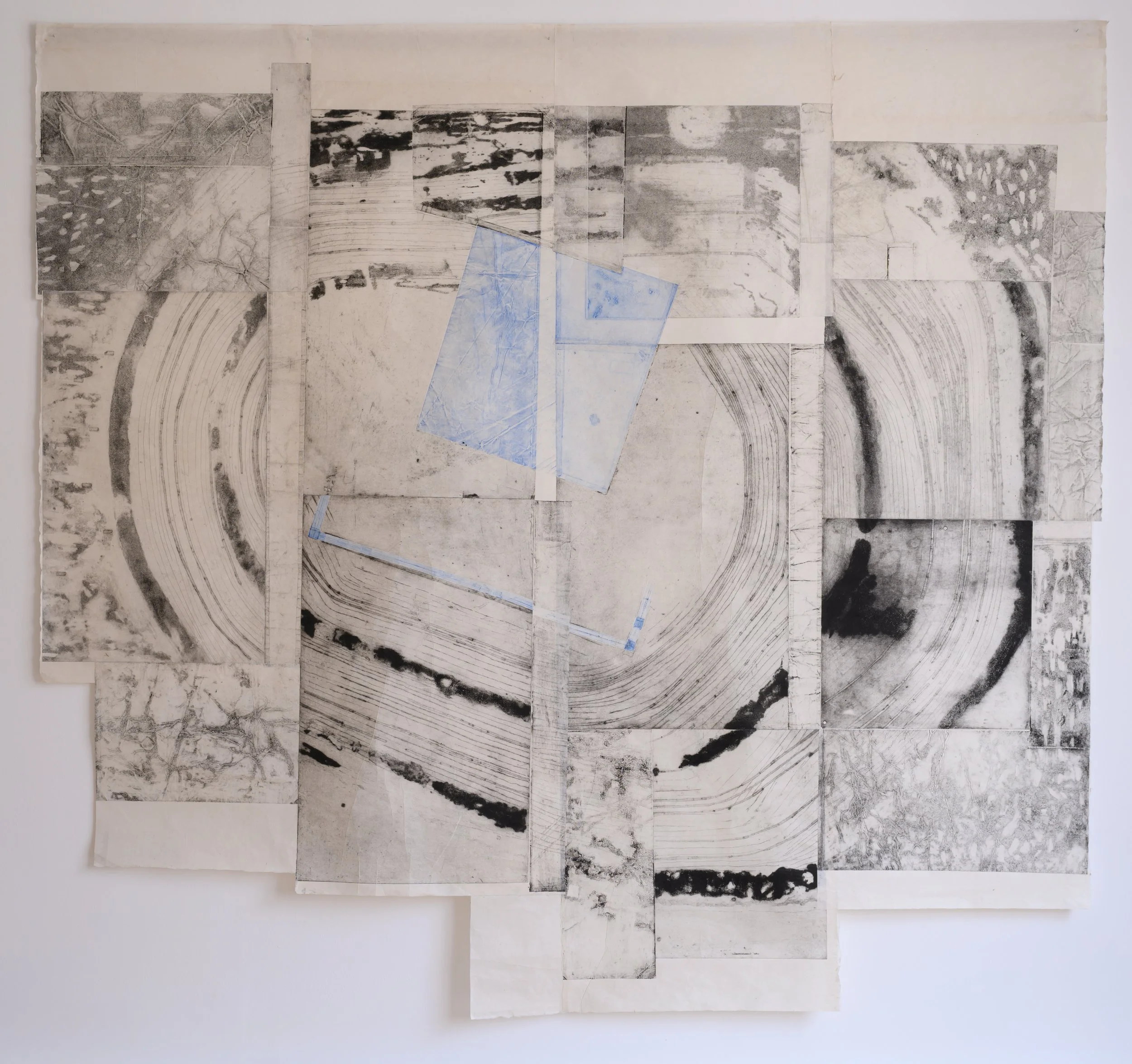 Eliza Owen,
'Memory Theatre',
2025,
Composite dry point print comprising 12 individually printed sheets of Hosokawa paper,
228 x 190 cm / 89.75 x 74.75 in