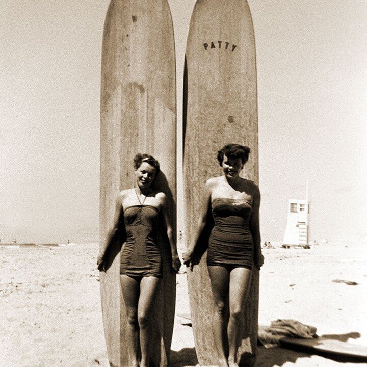 Early surf days in Southern California: Alayne and Pat Meistrell, pre-surf session, balsa Simmons spoons, South Bay. Photo: Bev Morgan