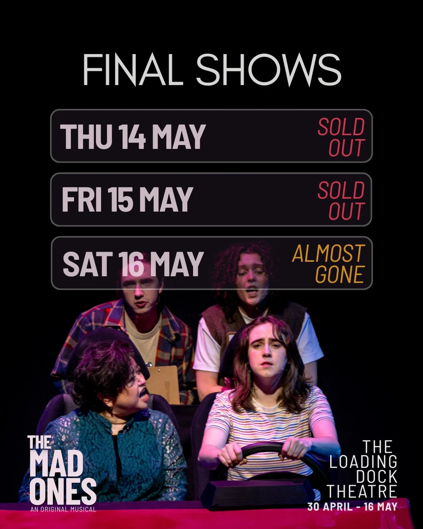Final call!

Our final week is selling fast and Saturday night is your last chance to see The Mad Ones! 

Come and join us for our closing night! 🚙🤍

Book your tickets now 🎟️

Samantha Brown sits in a hand-me-down car with the keys clutched in her