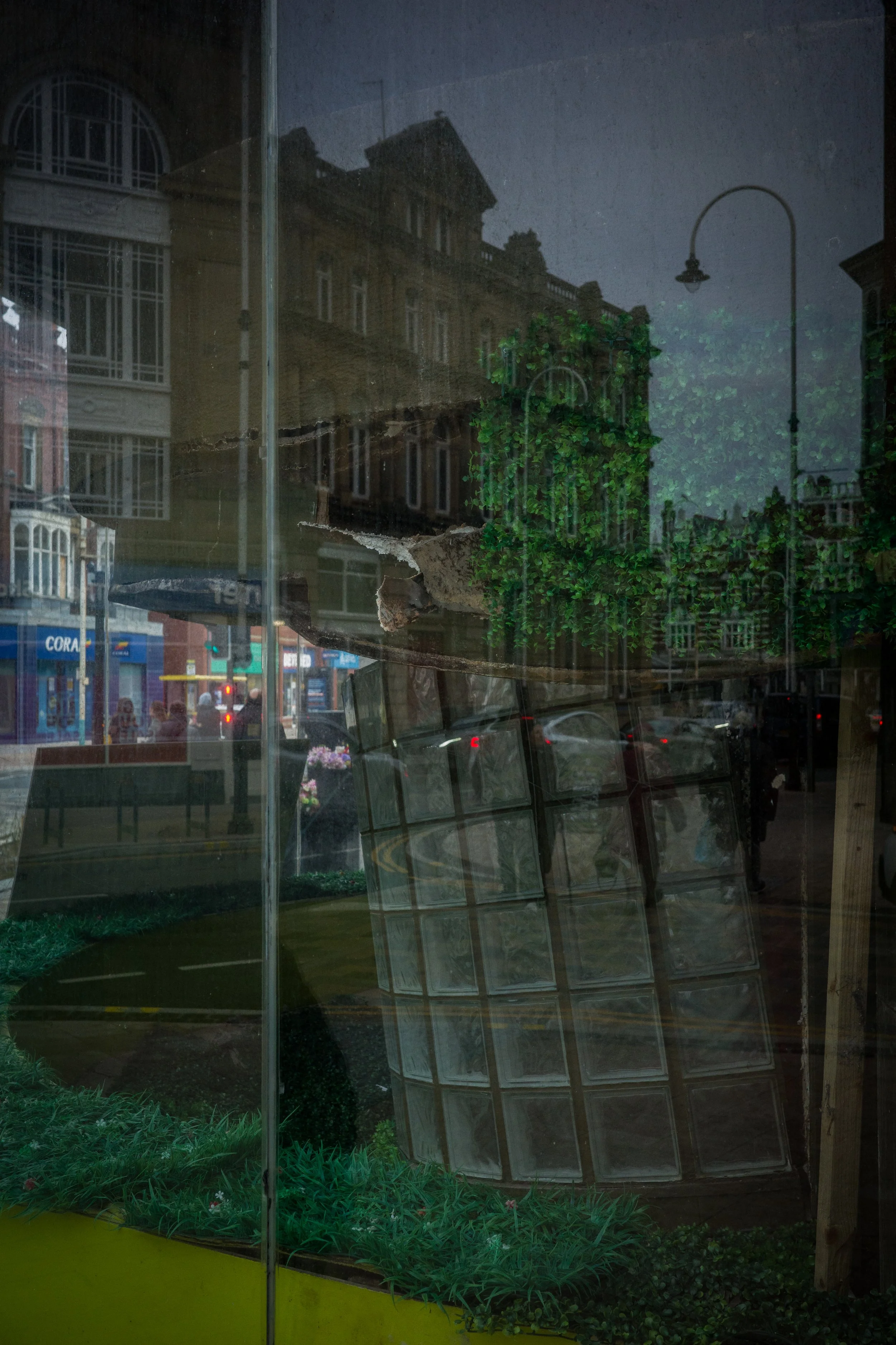 Reflection of buildings, streetlights, and cars in a glass window with an interior display of empty photo frames and greenery.