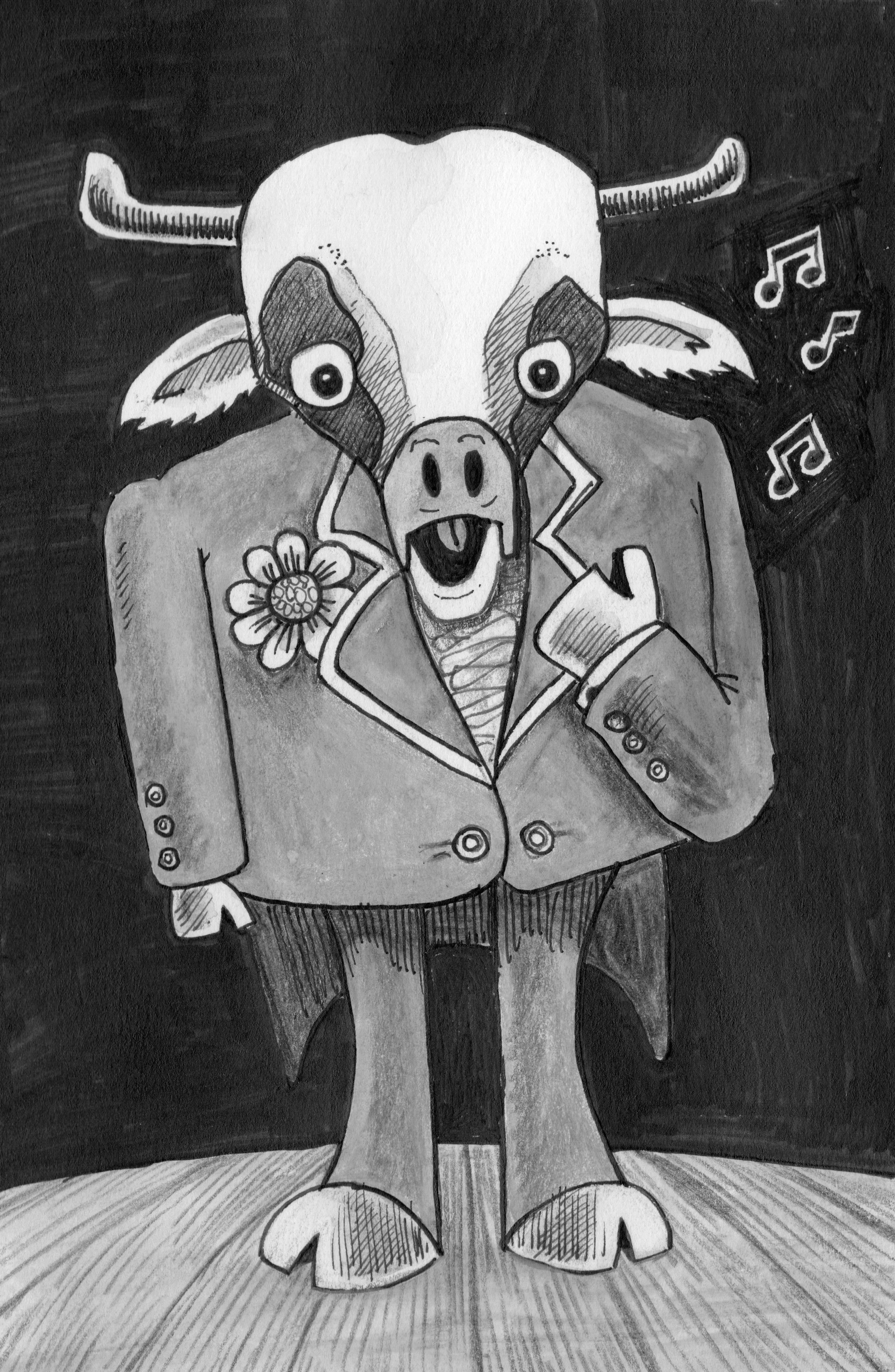 Hand-drawn black-and-white cartoon of an anthropomorphic bull wearing a suit, flower boutonniere, and striped tie.