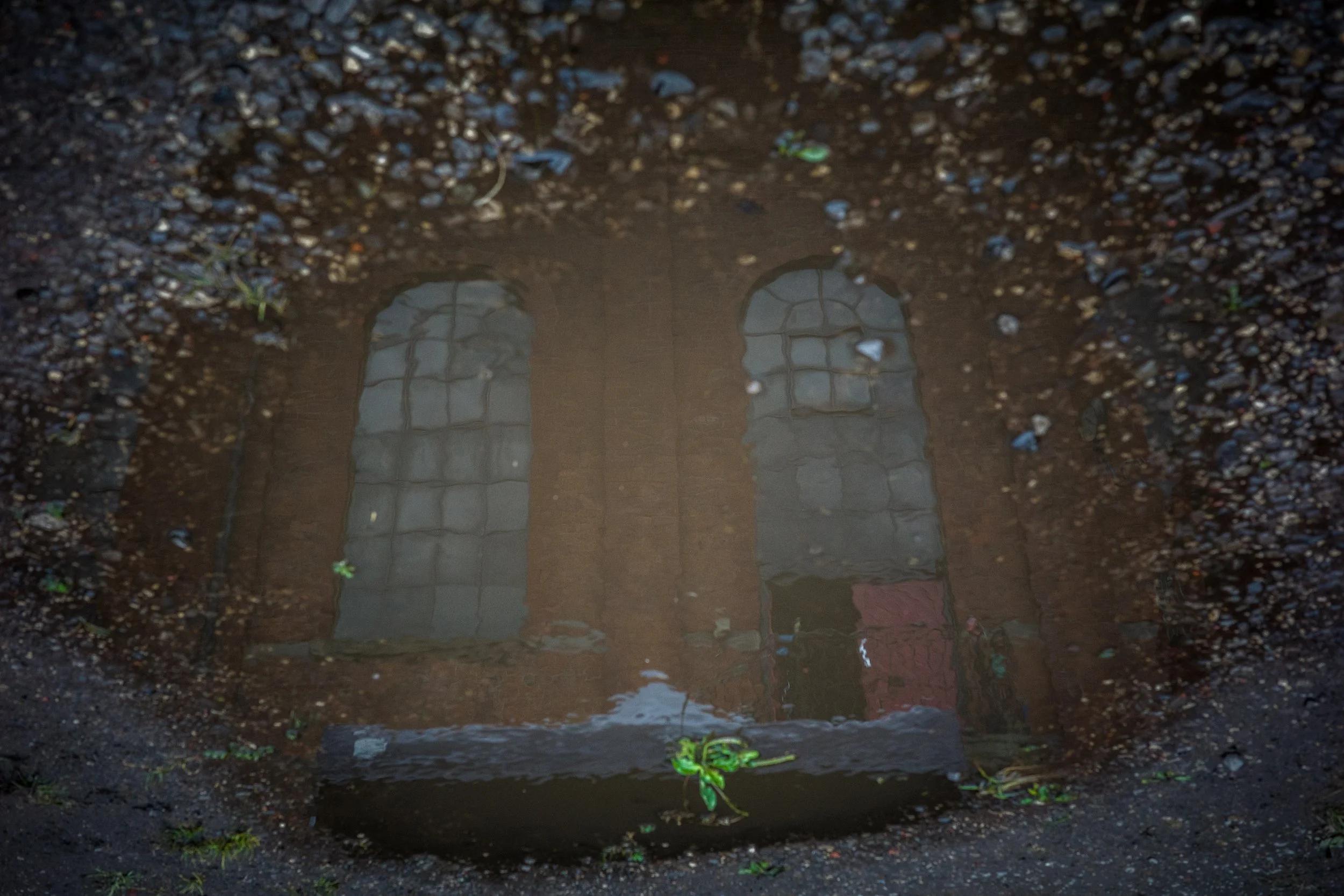 A pair of muddy boots reflected in a puddle on a gravel or dirt surface with small plants around the edges.