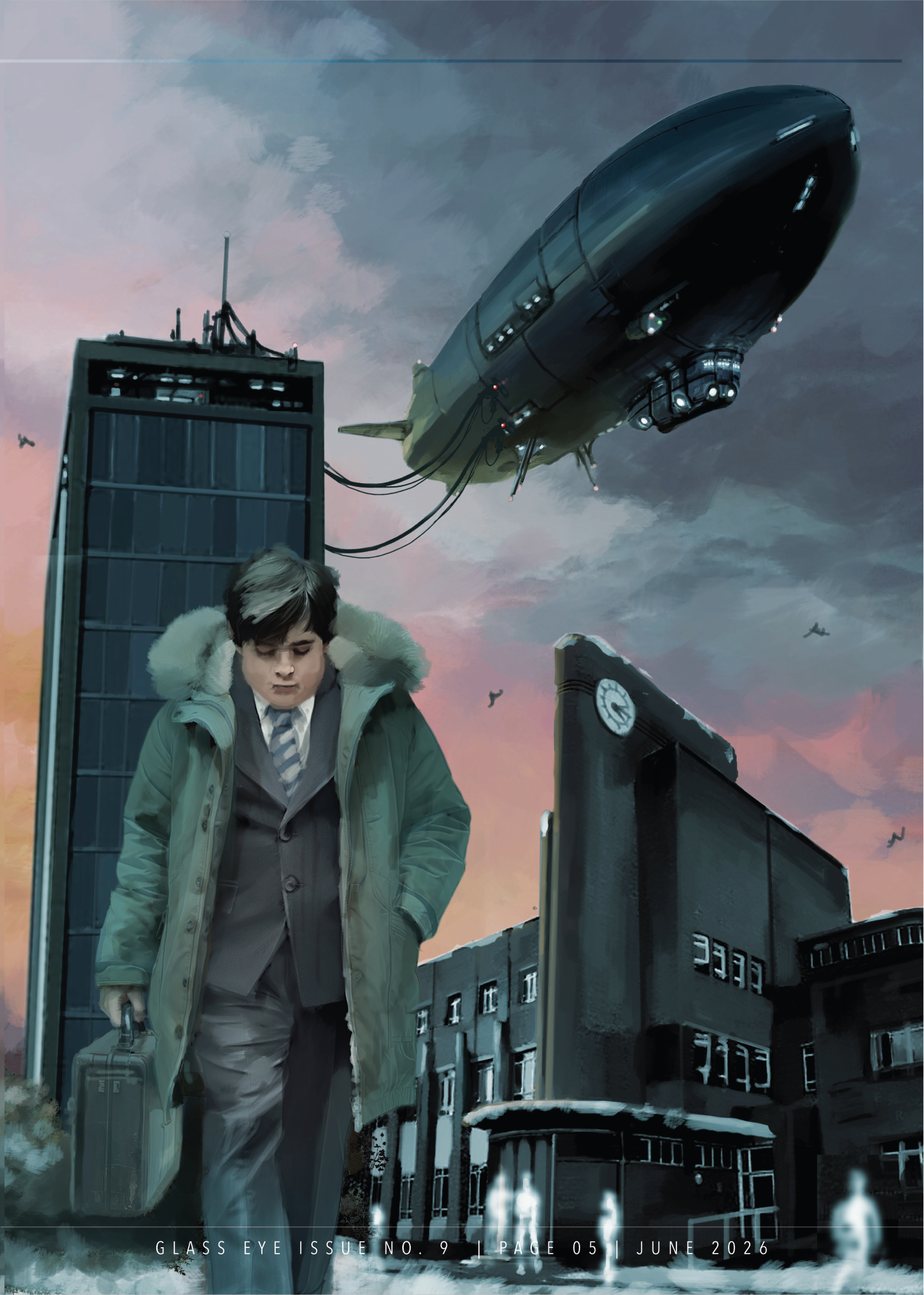 A young person with short hair, wearing a green coat with a fur-lined hood, holding a suitcase, walking in an urban area at dusk. Behind them, a large spaceship hovers above the city street, and the sky is cloudy with a pinkish hue. There are modern 