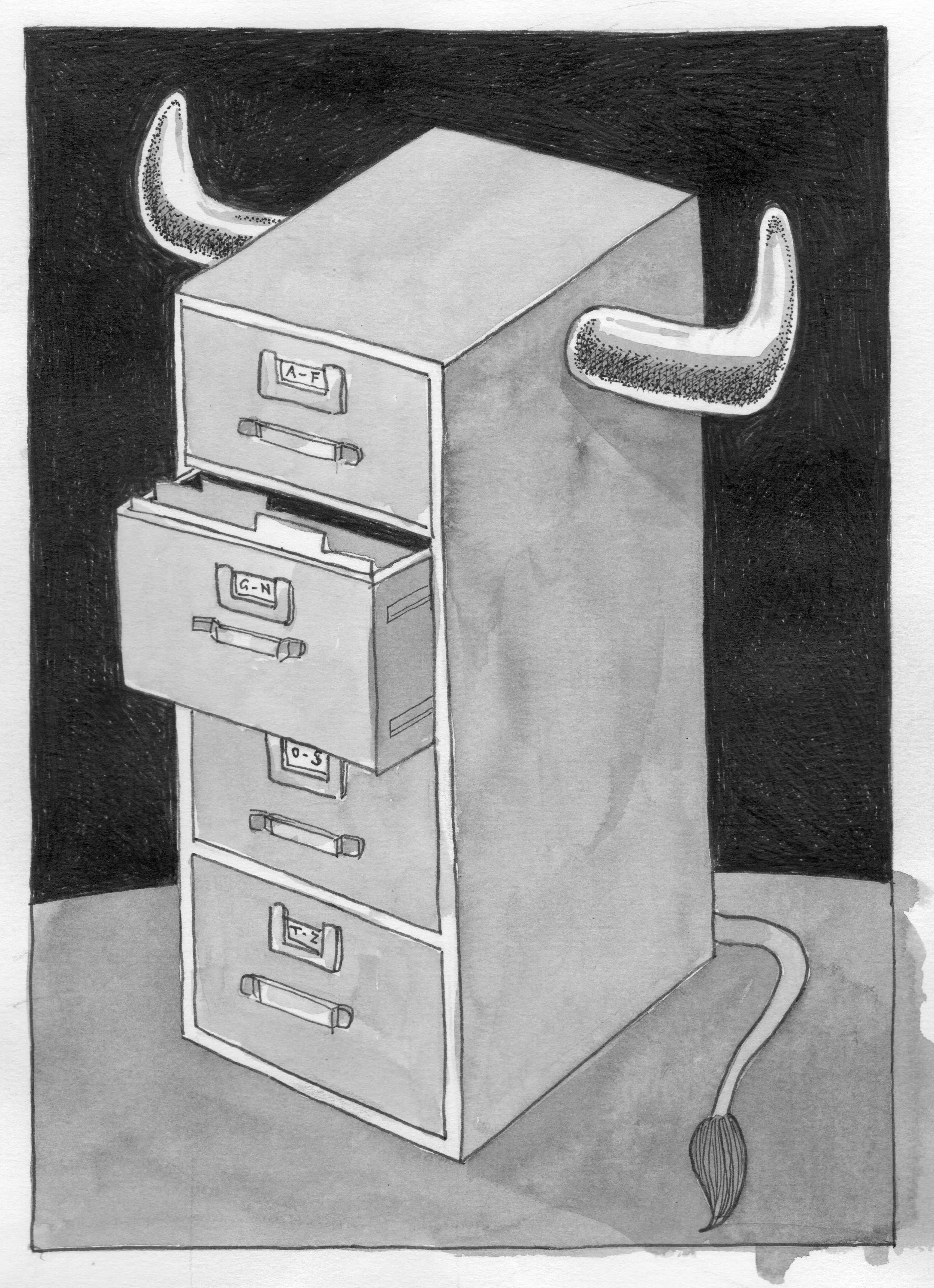Black-and-white drawing of a filing cabinet beneath a desk, with a curved chair and a floor lamp.