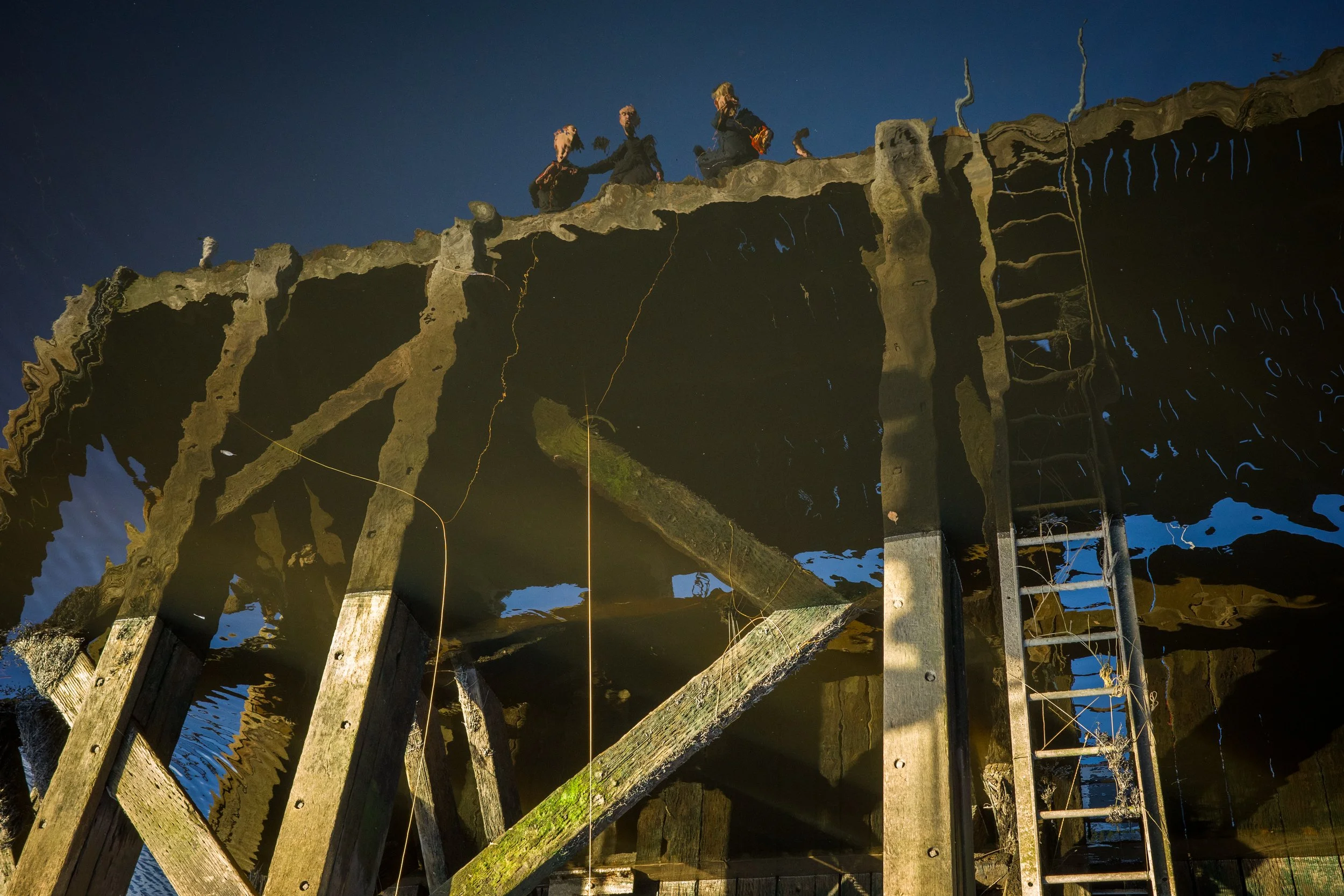 Underwater view of a dock or pier with wooden support beams, a metal ladder, and three people standing on the surface.