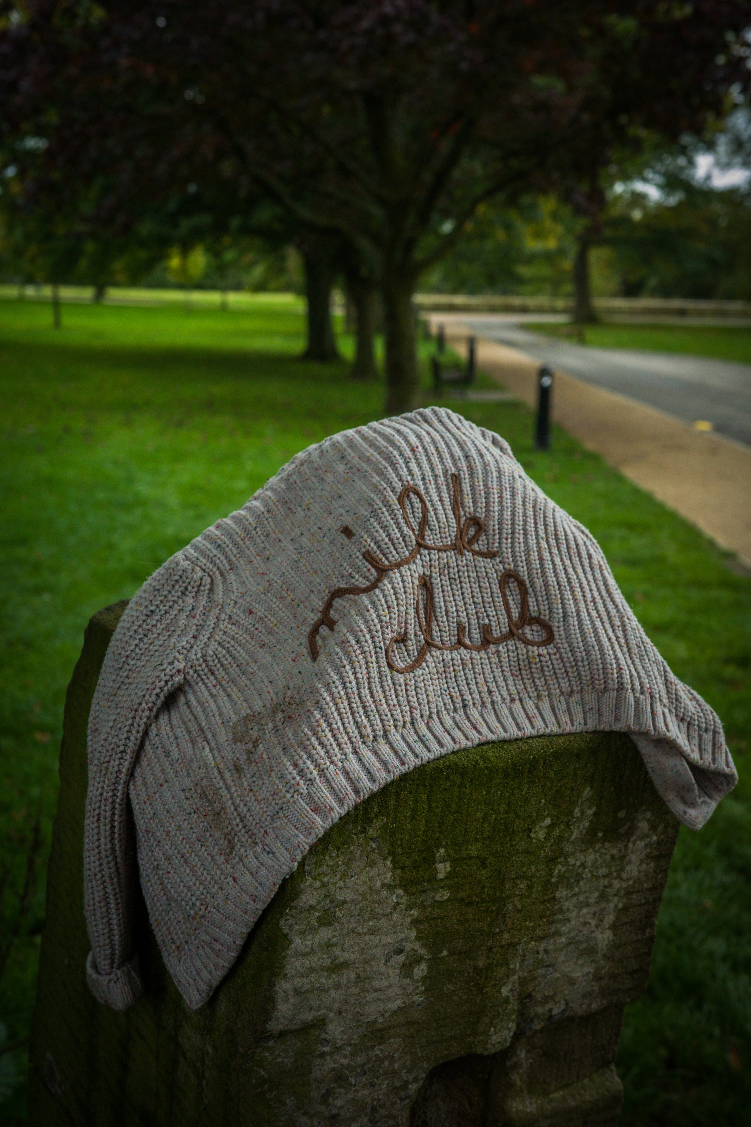 A knitted beige hat with the words 'Love you' embroidered on it, resting on a moss-covered stone in a park with green grass, trees, and a sidewalk.