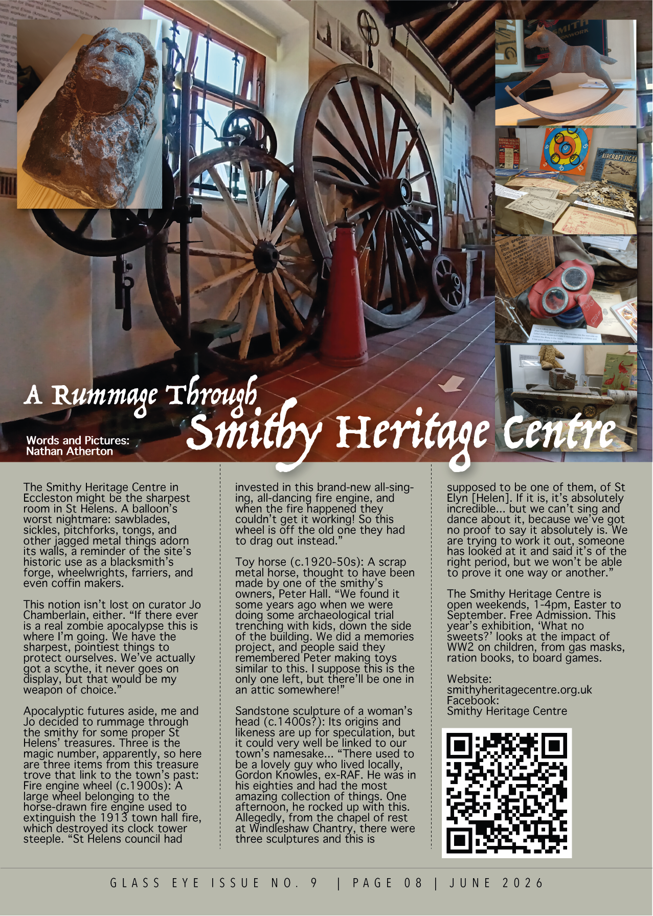 Collage of artifacts from the Smithy Heritage Centre, including a metal horse, vintage wagon wheels, a stone head sculpture, old books and board games, and a toy gun with goggles, with a poster about historical exhibits and a QR code in the foregroun