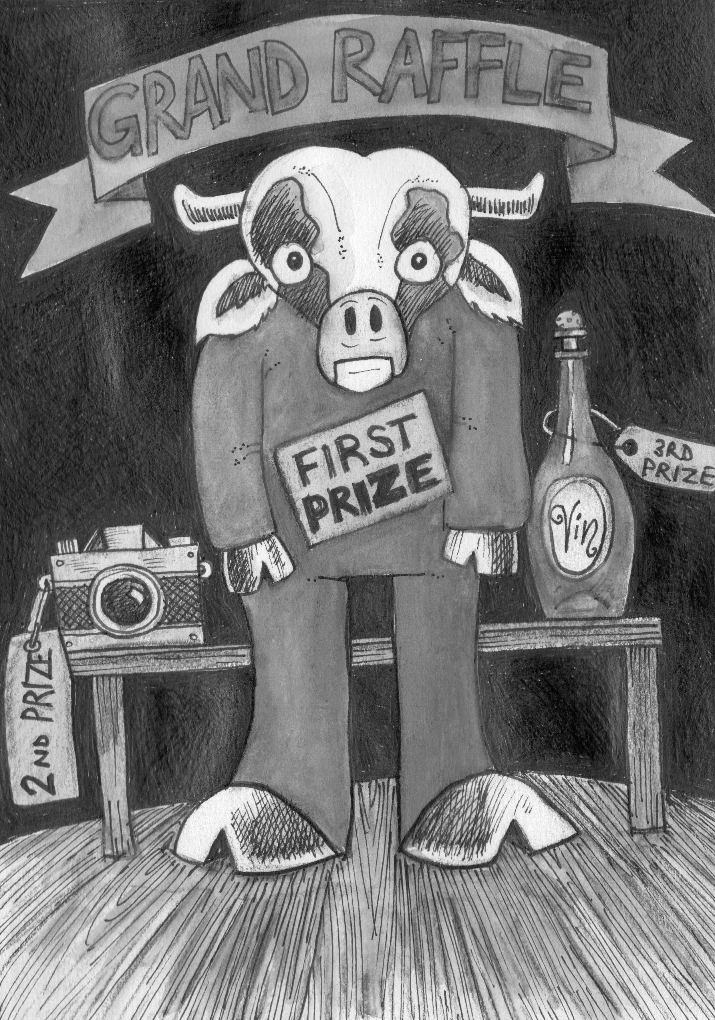 Black-and-white drawing of a wide-eyed cartoon cow holding a first-place prize ribbon, with a third-place trophy, camera, and “Grand Raffle” banner.