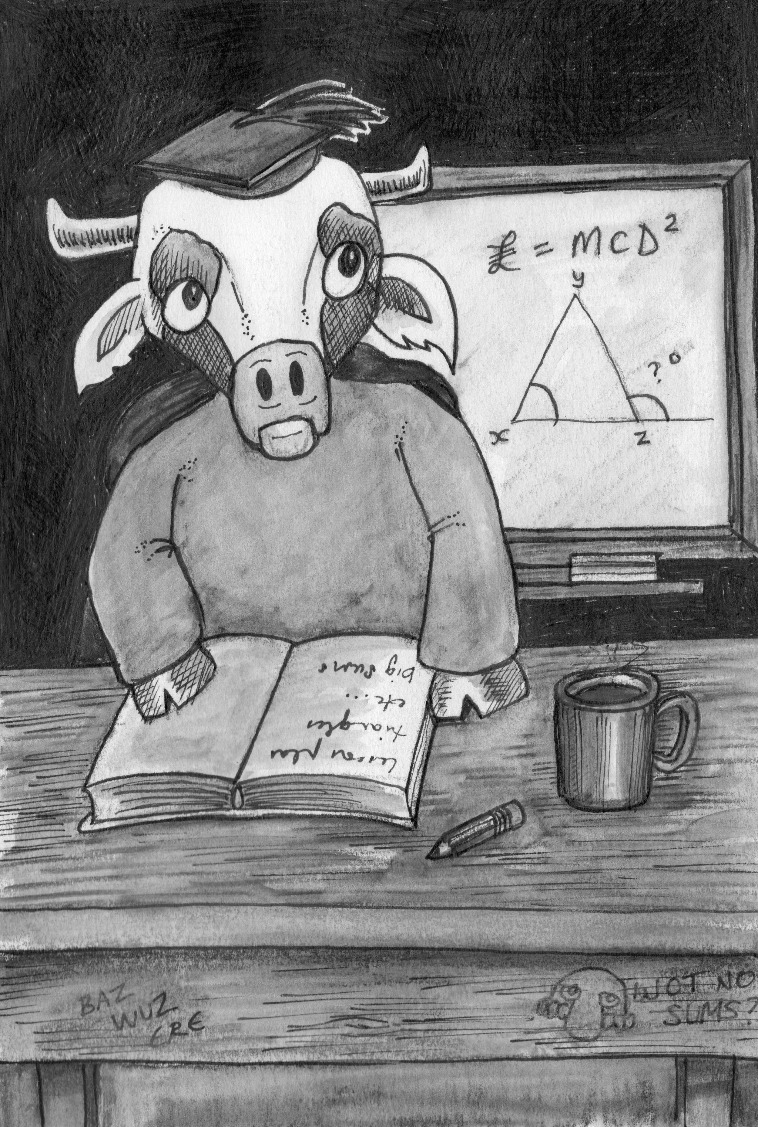 Black-and-white drawing of a cartoon student studying at a desk with an open book, pencil, coffee mug, and geometry equations on a chalkboard.