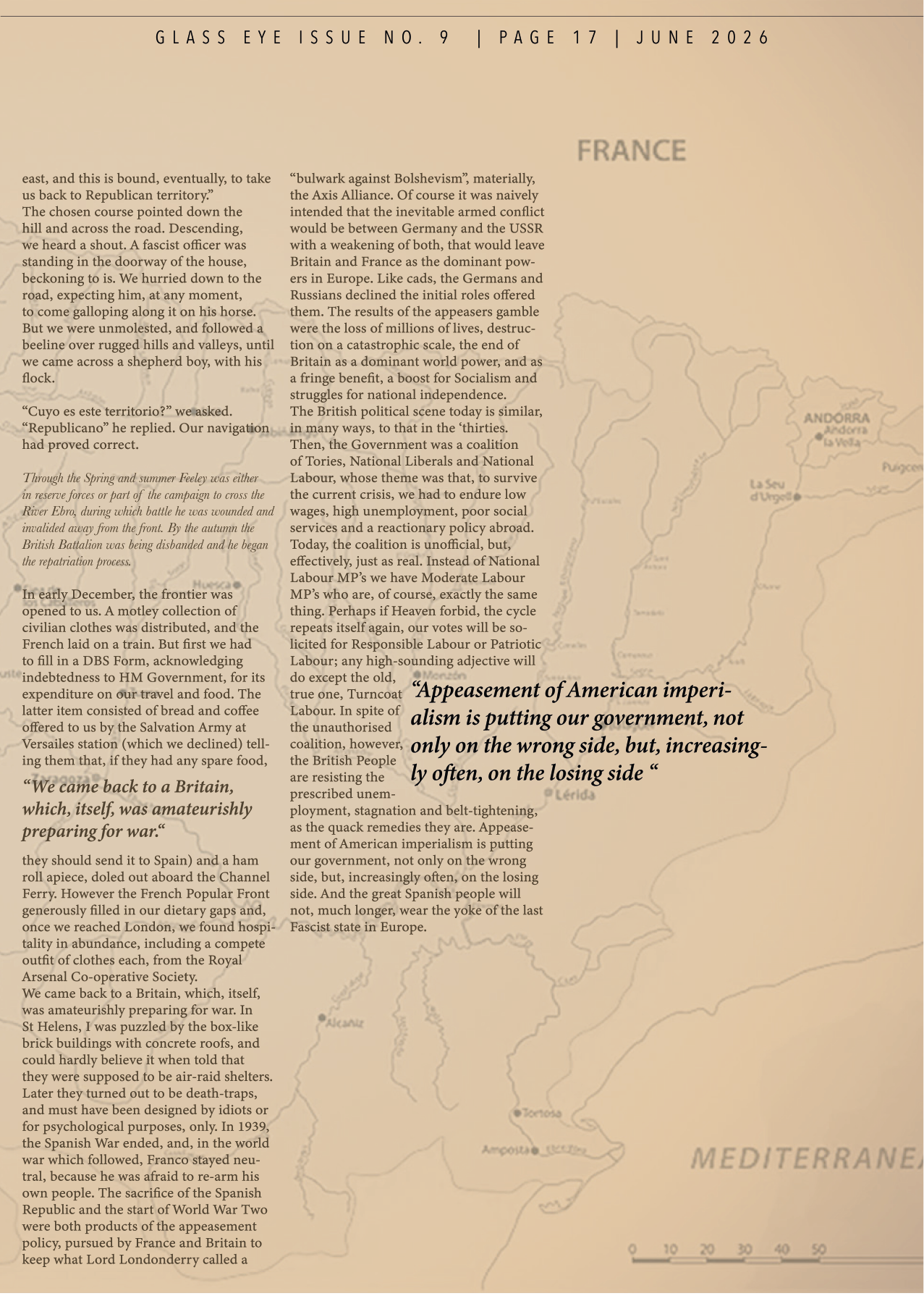 Page from a magazine or journal titled "Glass Eye Issue No. 9, Page 17, June 2026." The page features an article about France, with a map of France and surrounding countries in the background. The article discusses historical and political themes, wi