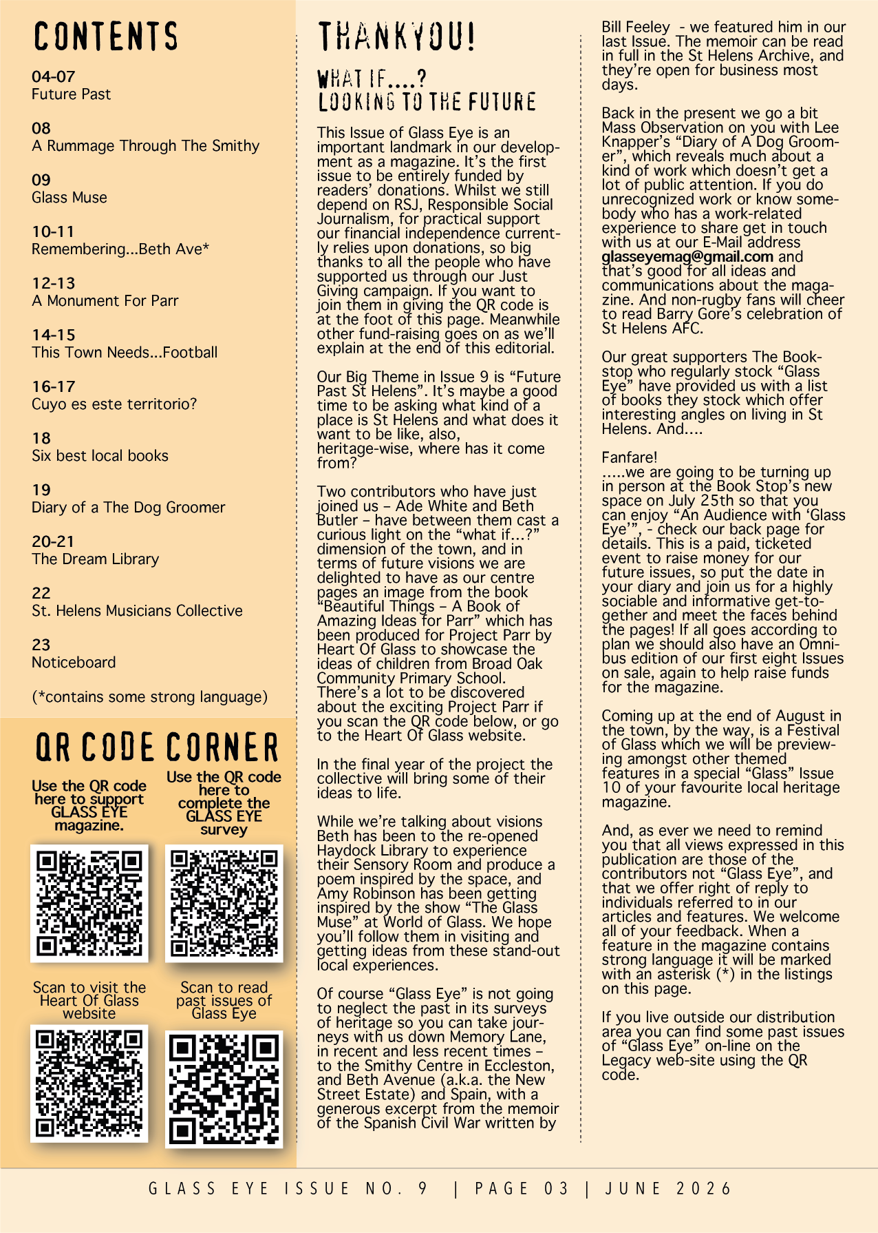 A newsletter page titled 'Glass Eye' with a table of contents listing articles, two QR codes supporting the magazine, and a message thanking readers. The page has a beige background with black text.