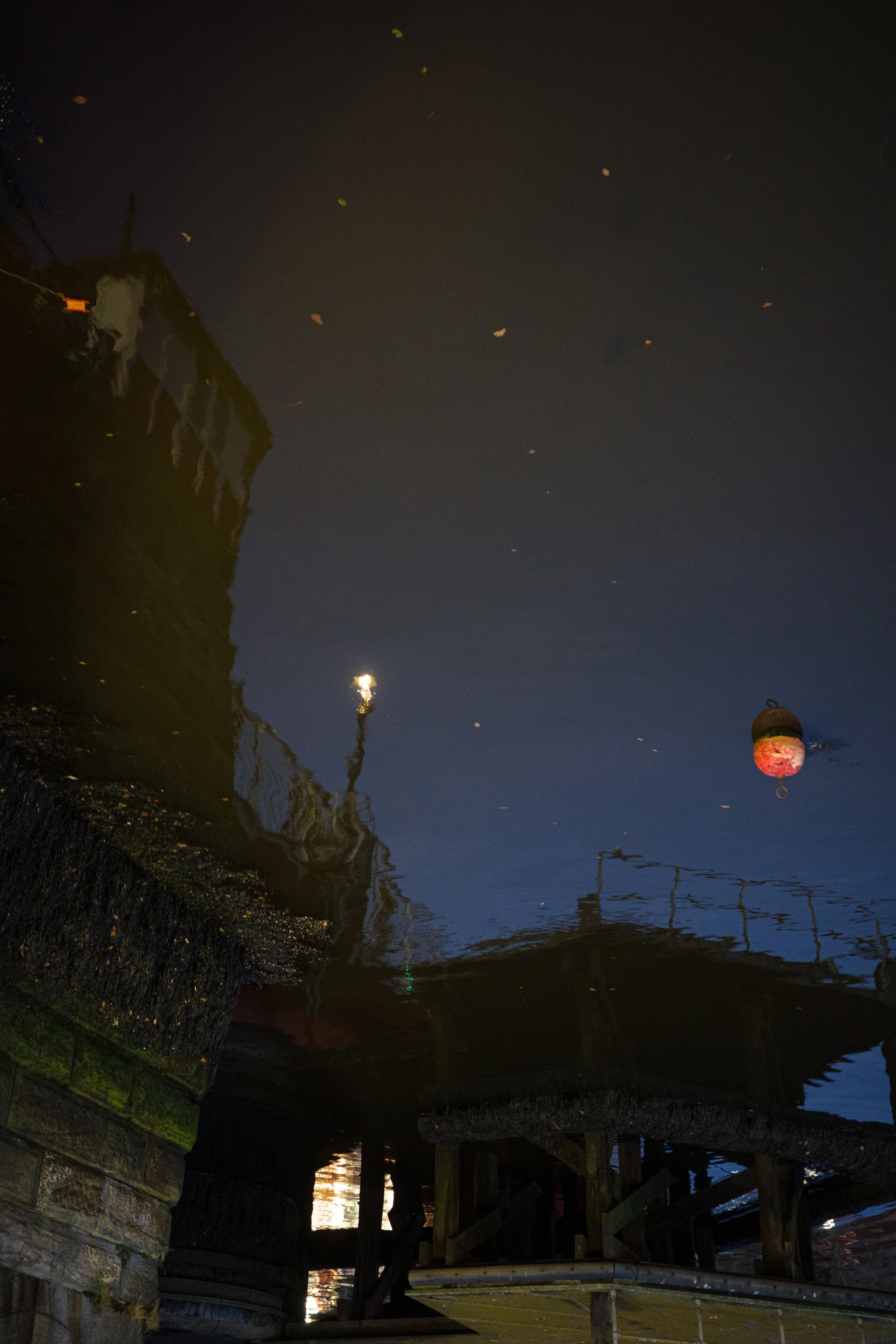 Reflection in water of a dock with a buoy and a structure, with some floating leaves.