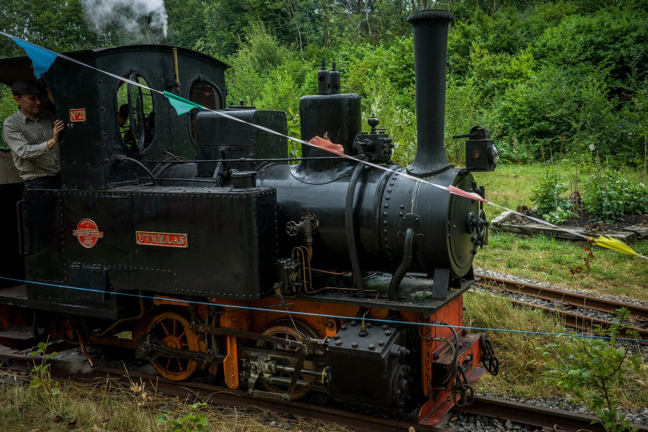 A vintage steam locomotive on a track with trees in the background, decorated with colorful flags, and a person standing nearby.