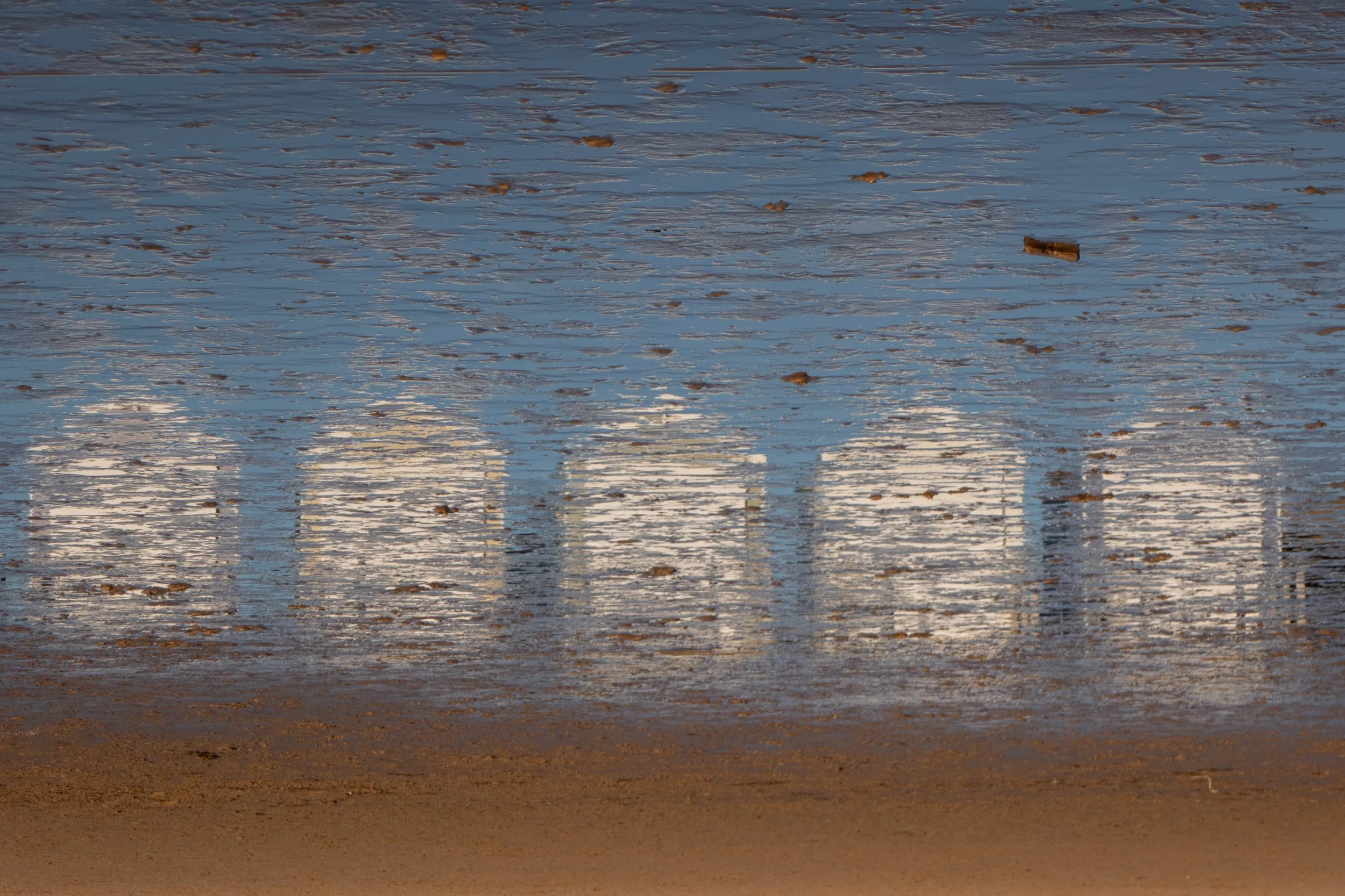 Reflection of a logo on water, with visible ripples and a sandy shoreline in the foreground.