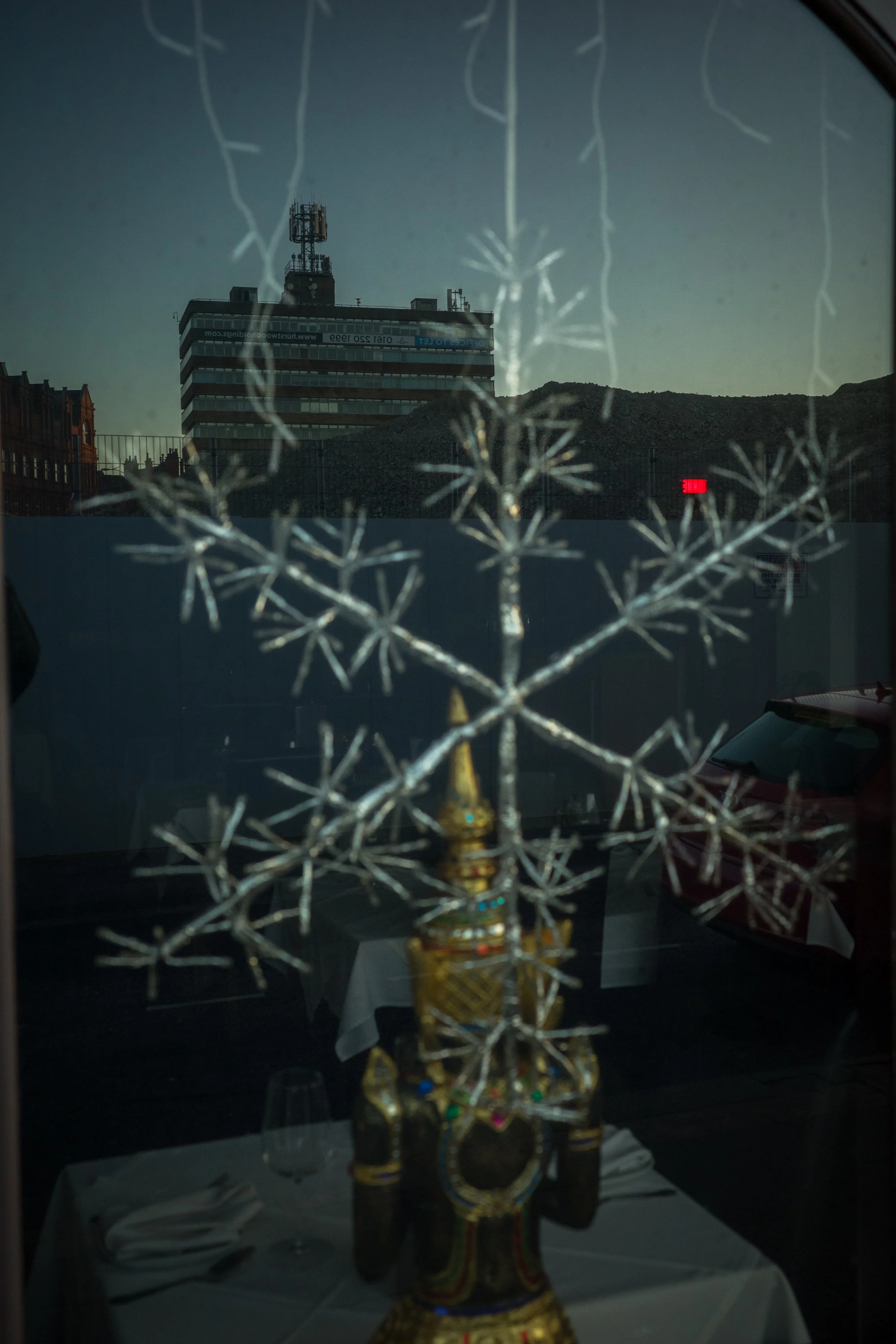 A glass window with cracks and a floral design, reflecting a cityscape with buildings and mountains in the background.